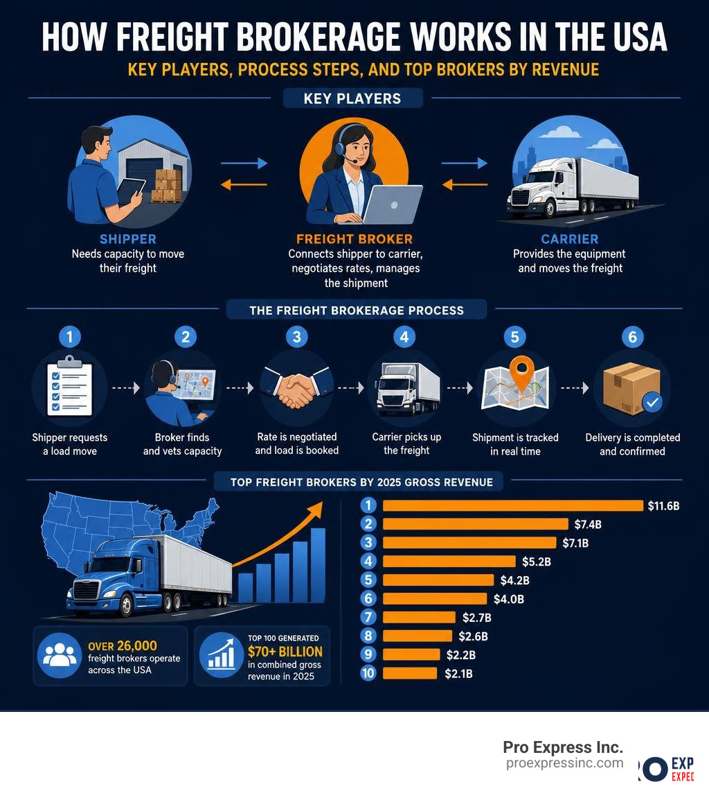 How freight brokerage works in the USA: key players, process steps, and top brokers by revenue infographic How freight brokerage works in the USA: key players, process steps, and top brokers by revenue infographic