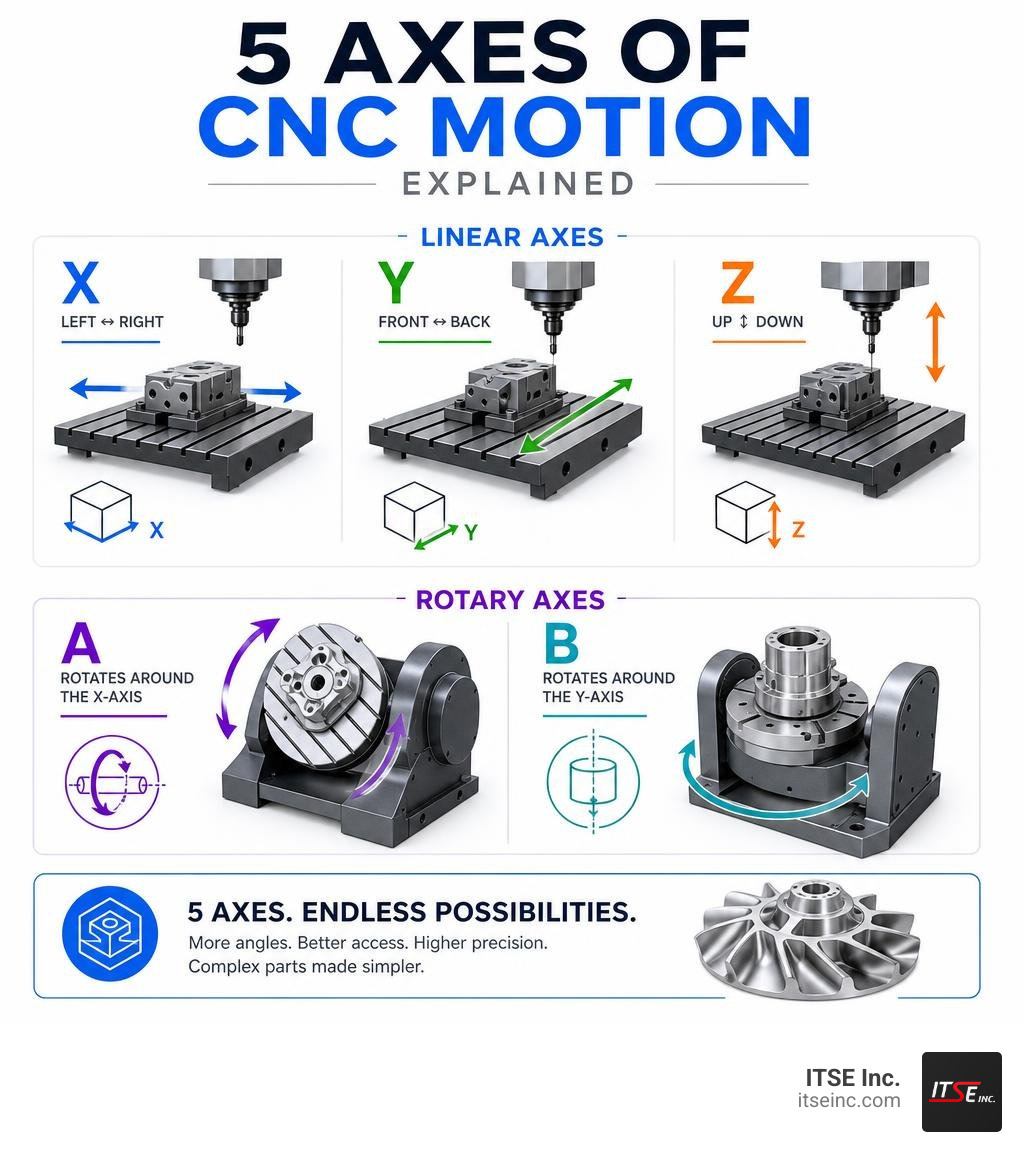 5 axes of CNC motion explained: X Y Z linear axes plus A and B rotary axes infographic infographic