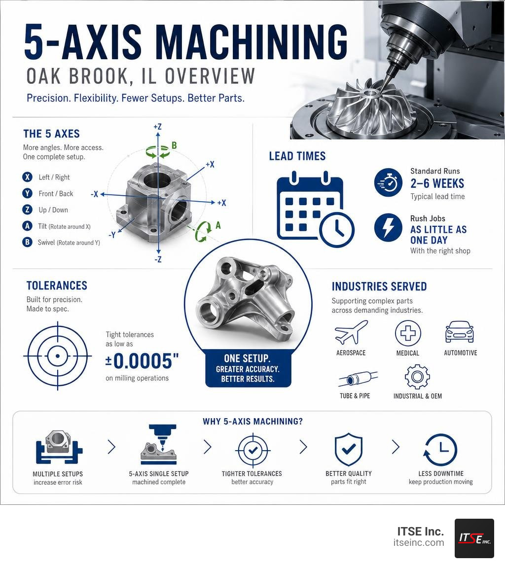 5-axis machining Oak Brook IL overview infographic: axes, lead times, tolerances, industries served infographic