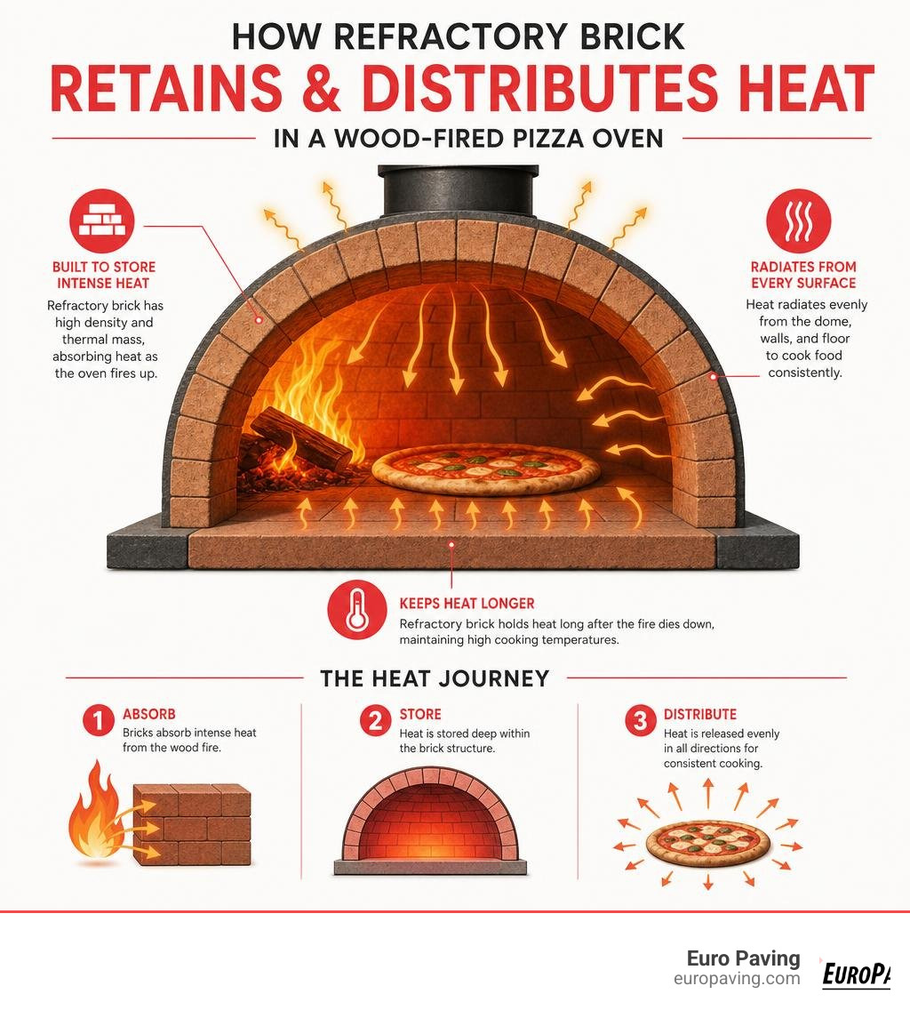 How refractory brick retains and distributes heat in a wood-fired pizza oven infographic How refractory brick retains and distributes heat in a wood-fired pizza oven infographic