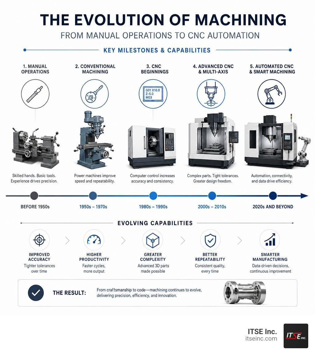 Evolution of machining from manual operations to CNC automation — key milestones and capabilities infographic Evolution of machining from manual operations to CNC automation — key milestones and capabilities infographic