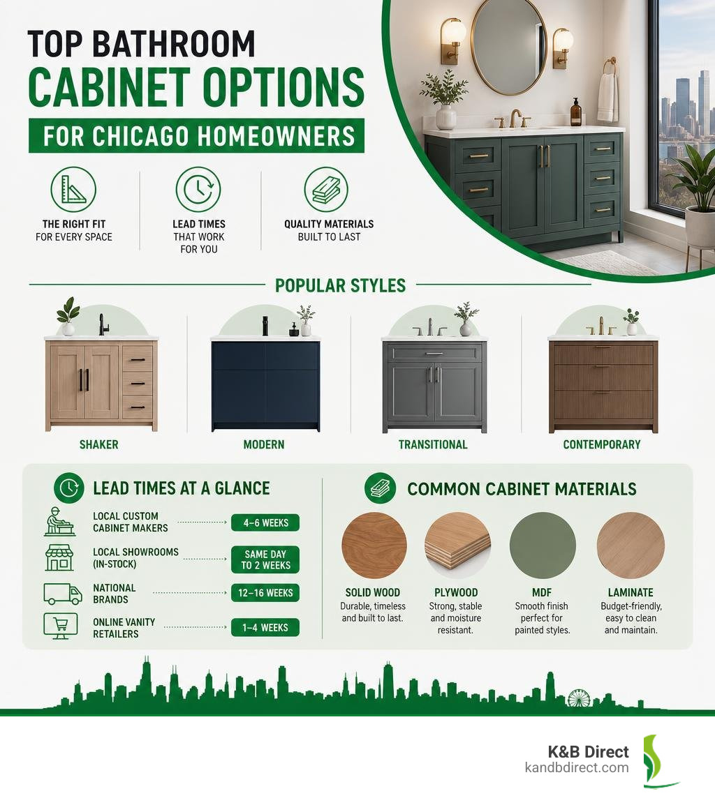 Top bathroom cabinet options for Chicago homeowners: styles, lead times, and materials explained infographic Top bathroom cabinet options for Chicago homeowners: styles, lead times, and materials explained infographic