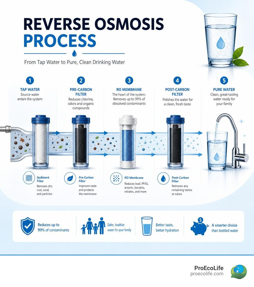 Reverse osmosis system process infographic showing stages from tap water to purified drinking water infographic