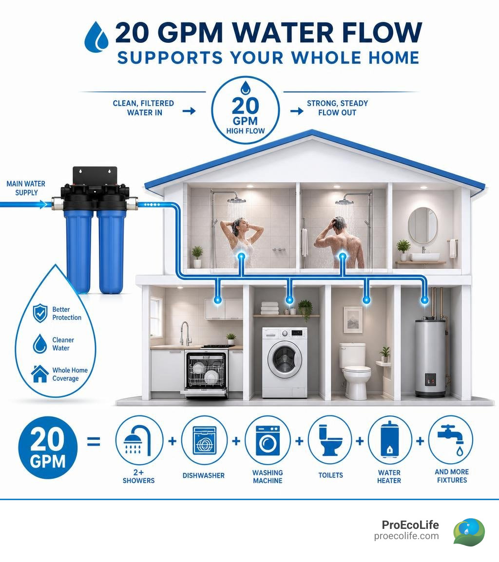 Infographic: how 20 GPM water flow supports multiple showers and appliances simultaneously in a home infographic Infographic: how 20 GPM water flow supports multiple showers and appliances simultaneously in a home infographic