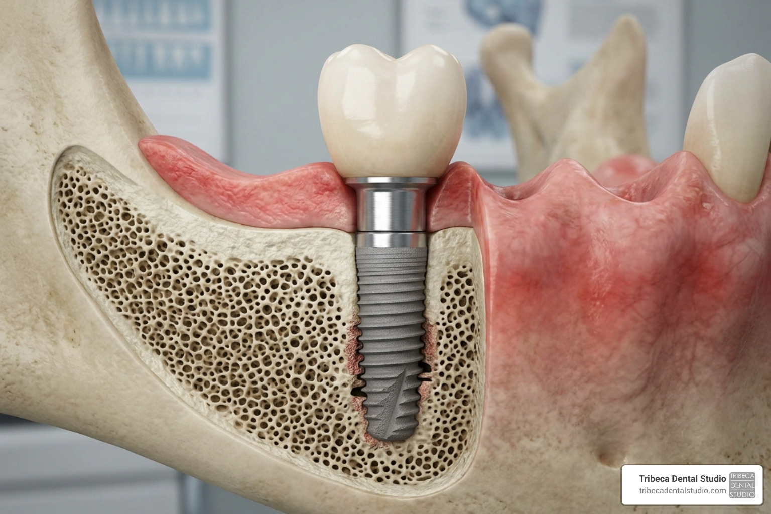Structure of a one-day dental implant showing the titanium post, abutment, and temporary crown