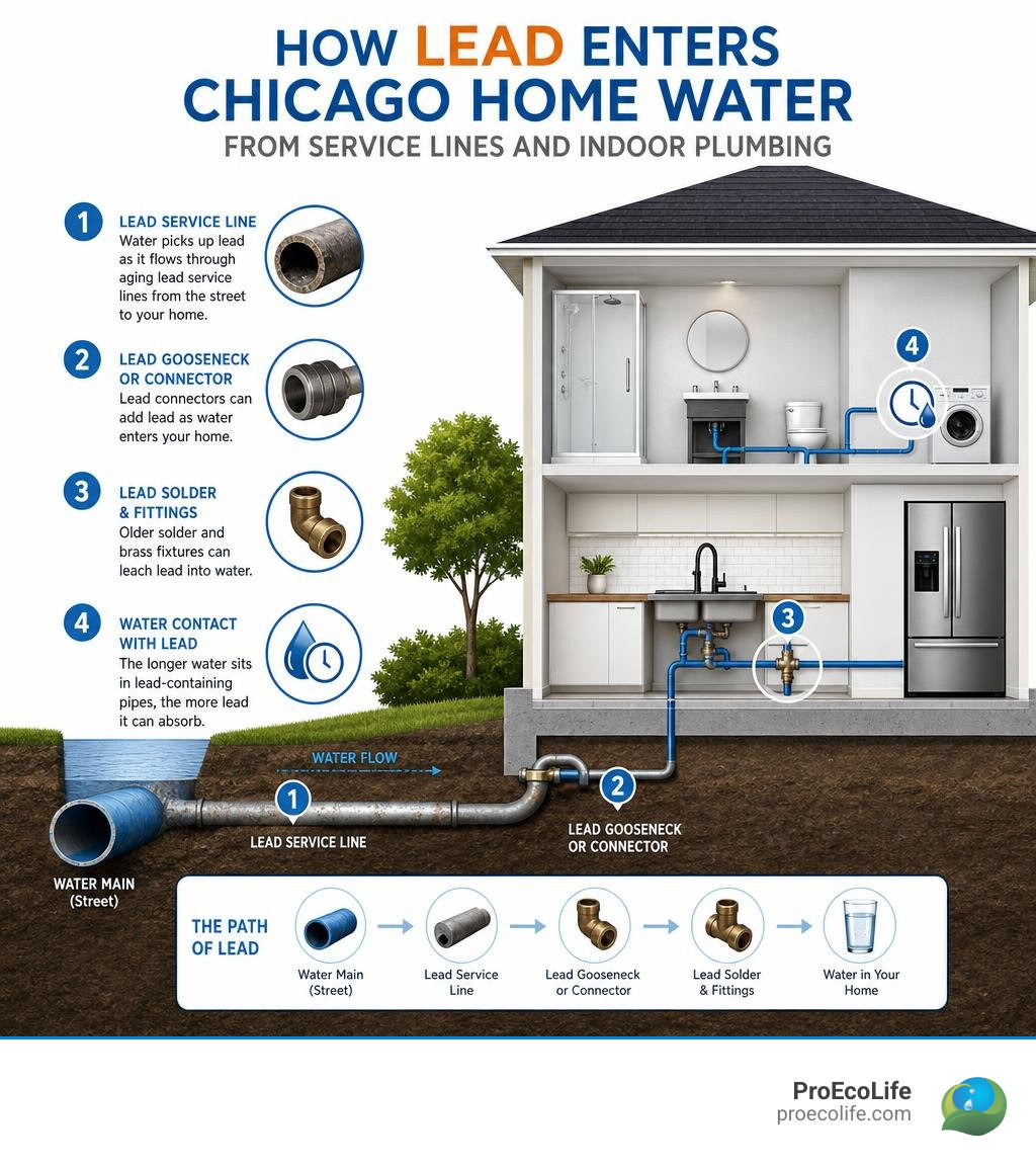 How lead enters Chicago home water from service lines and indoor plumbing infographic