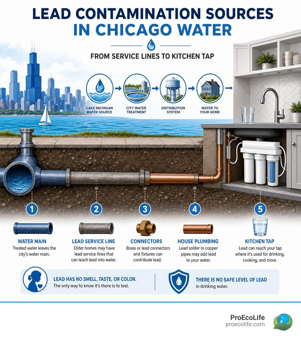 Lead contamination sources in Chicago water from service lines to kitchen tap infographic Lead contamination sources in Chicago water from service lines to kitchen tap infographic