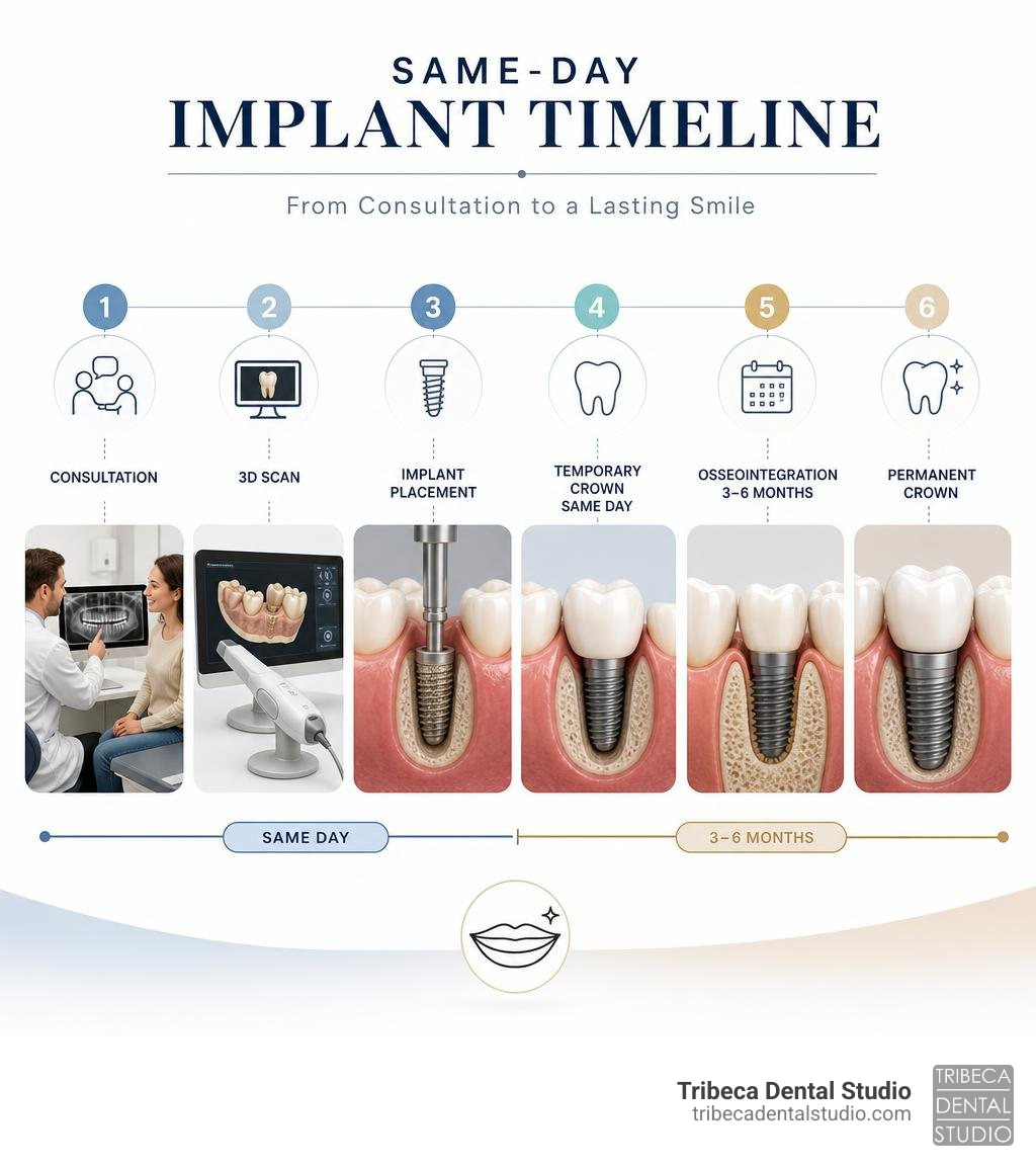 Same-day implant timeline infographic: consultation, 3D scan, implant placement, temporary crown same day, osseointegration