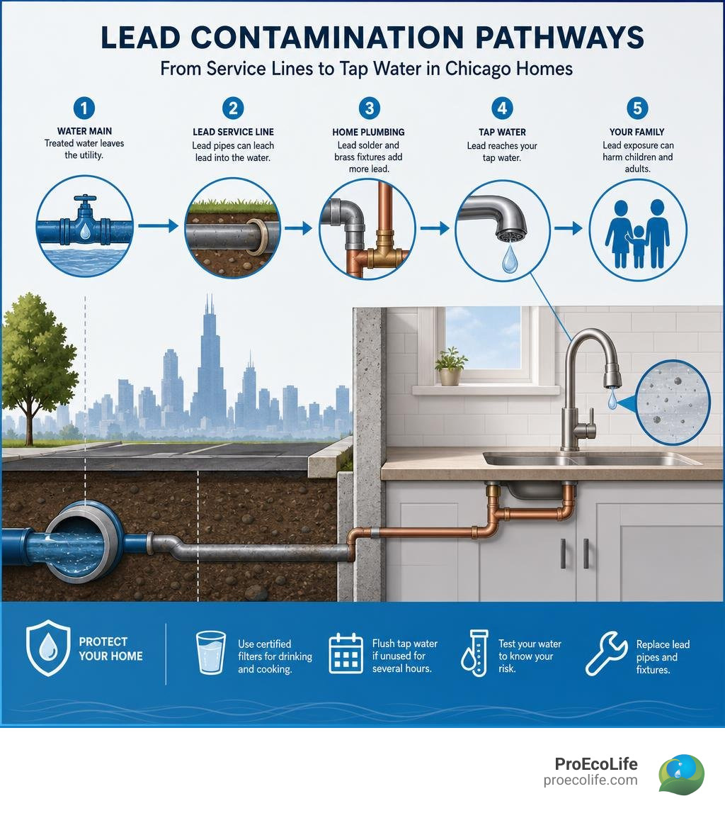 Lead contamination pathways from service lines to tap water in Chicago homes infographic