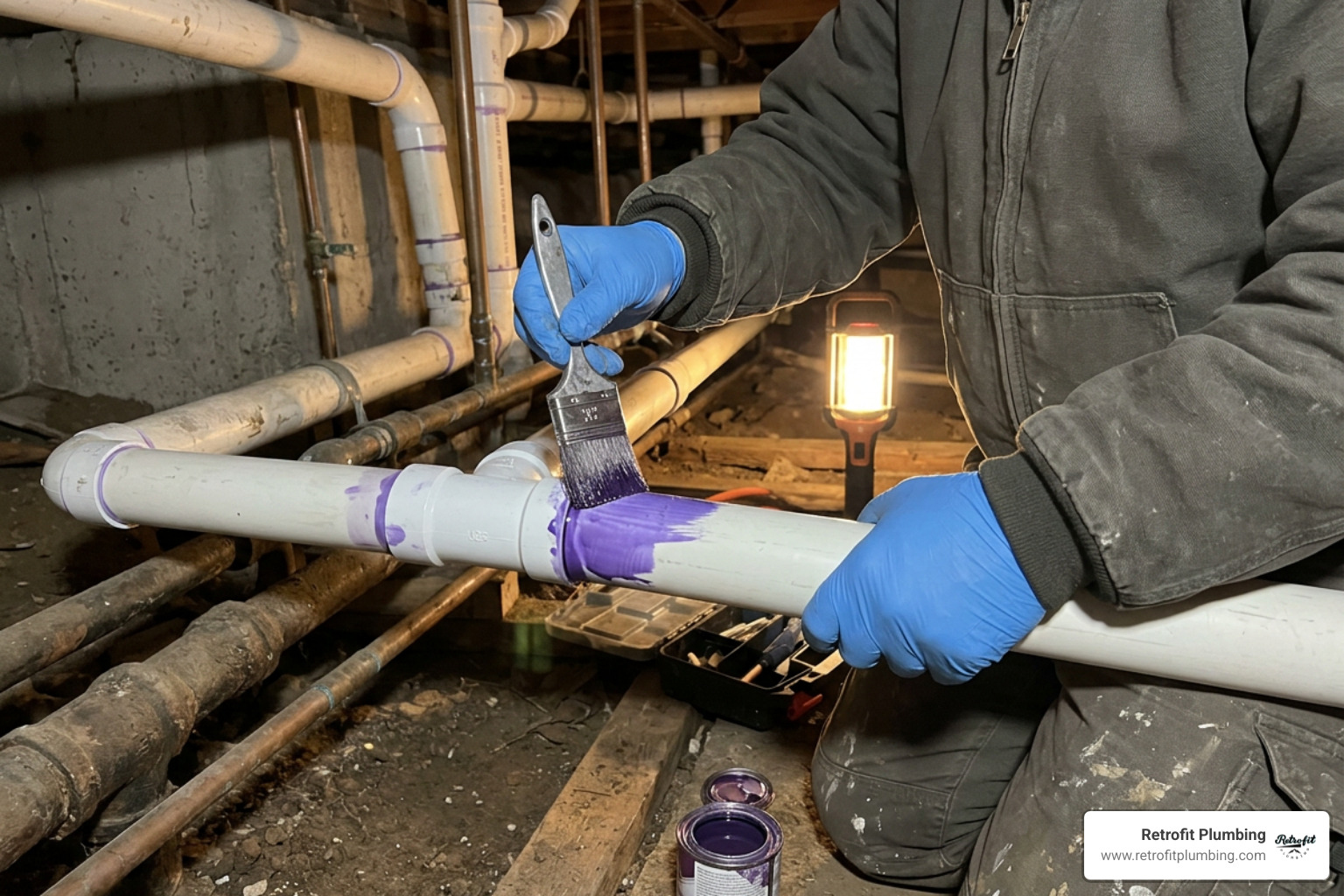 Applying purple primer to a PVC joint during a plumbing repair Applying purple primer to a PVC joint during a plumbing repair