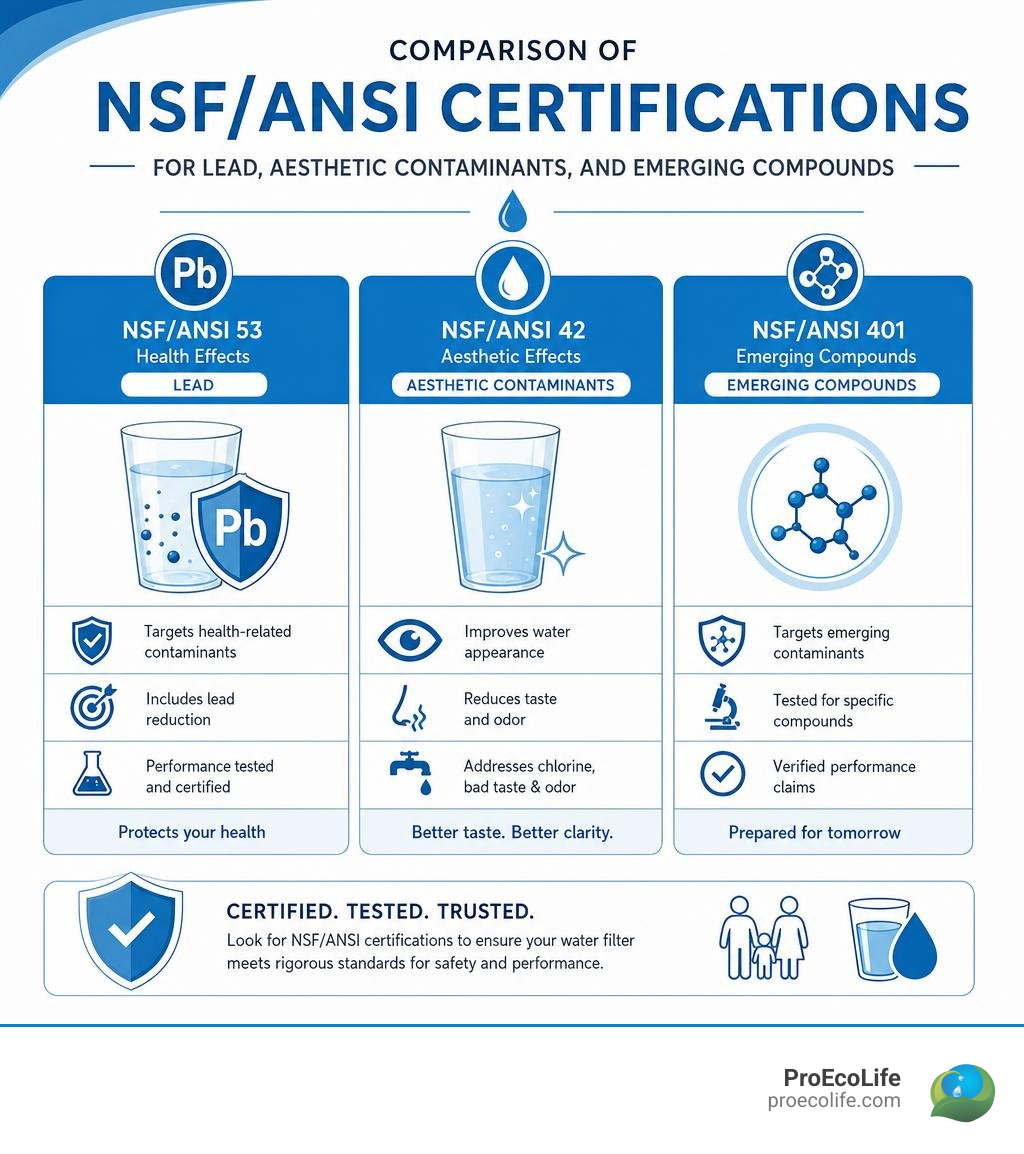 Comparison of NSF/ANSI certifications for lead, aesthetic contaminants, and emerging compounds infographic