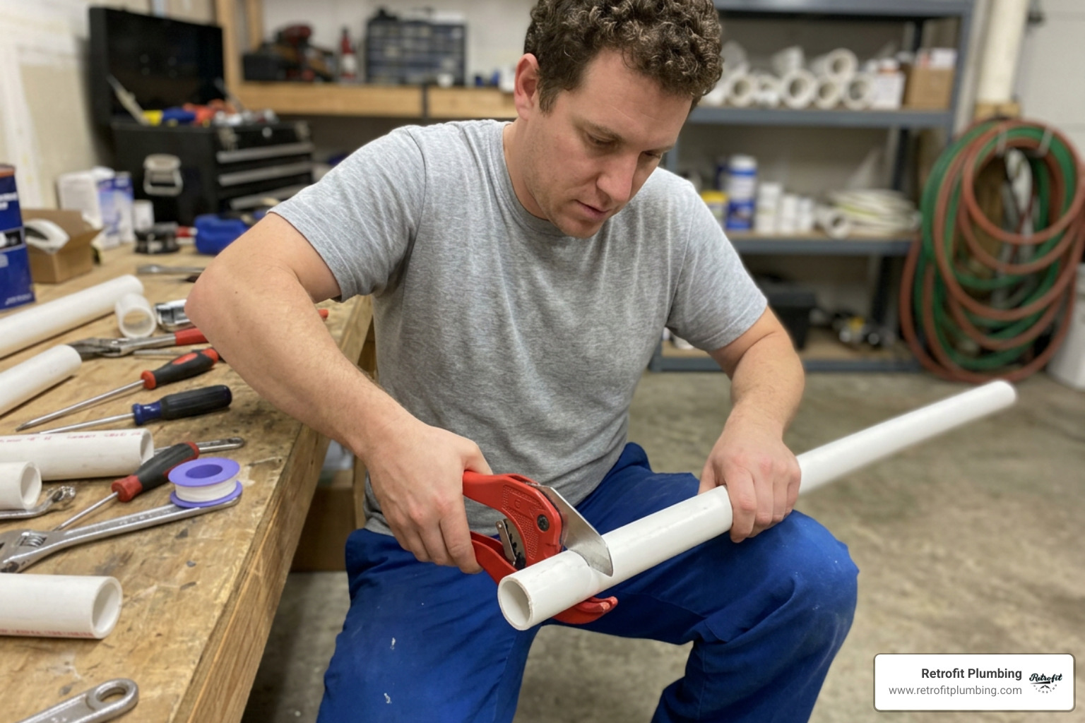 A plumber cutting a PVC pipe cleanly with a specialized ratcheting pipe cutter A plumber cutting a PVC pipe cleanly with a specialized ratcheting pipe cutter