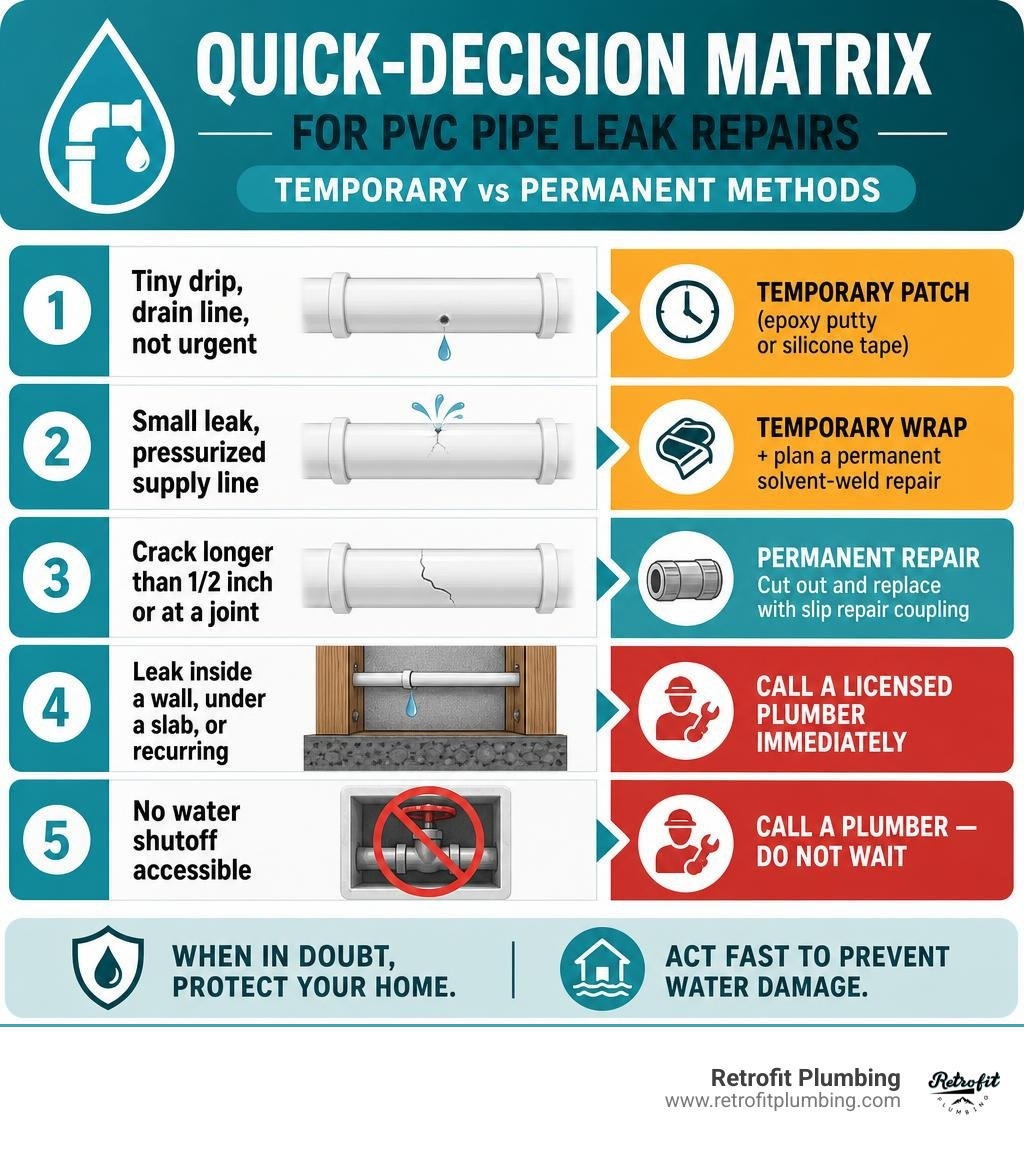 Quick-decision matrix for PVC pipe leak repairs: temporary vs permanent methods infographic Quick-decision matrix for PVC pipe leak repairs: temporary vs permanent methods infographic