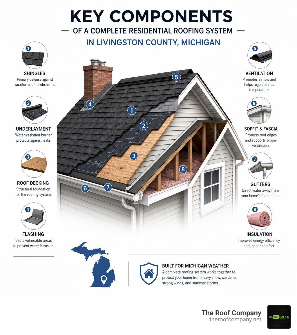 Key components of a complete residential roofing system in Livingston County Michigan infographic Key components of a complete residential roofing system in Livingston County Michigan infographic