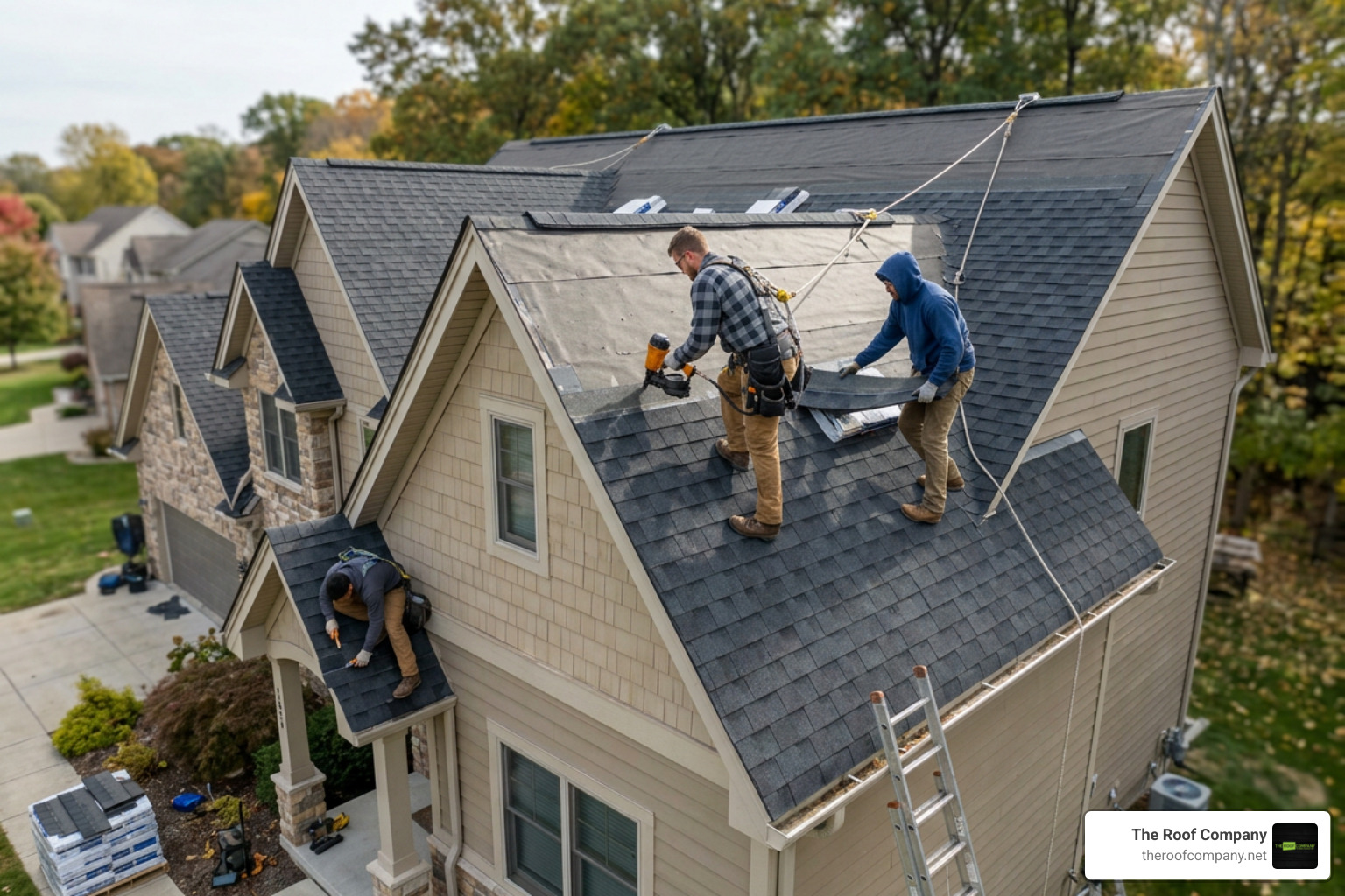 Professional roofers installing premium architectural shingles on a Livingston County home Professional roofers installing premium architectural shingles on a Livingston County home