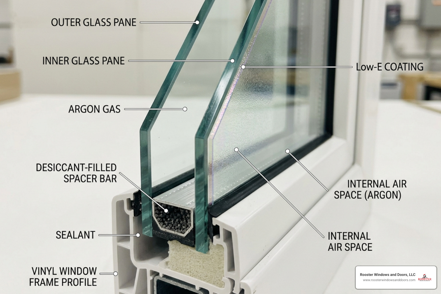 Energy efficient double pane window glazing with argon gas and low-E coating Energy efficient double pane window glazing with argon gas and low-E coating