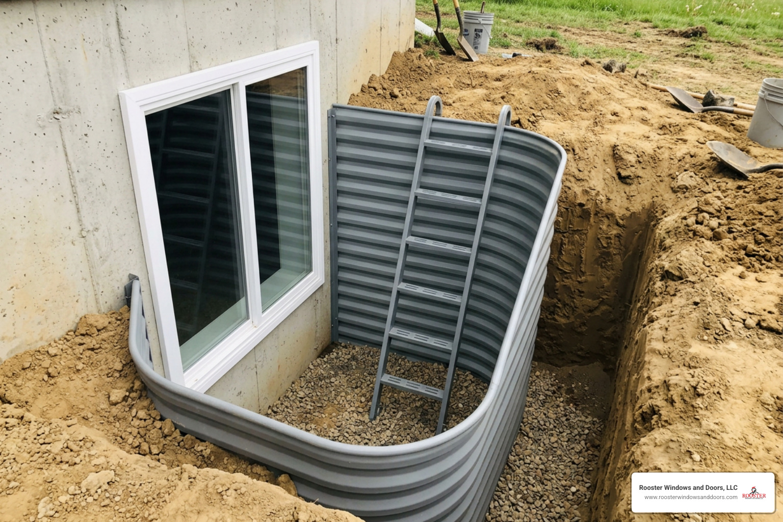 Egress window well with safety ladder installed in deep excavation Egress window well with safety ladder installed in deep excavation