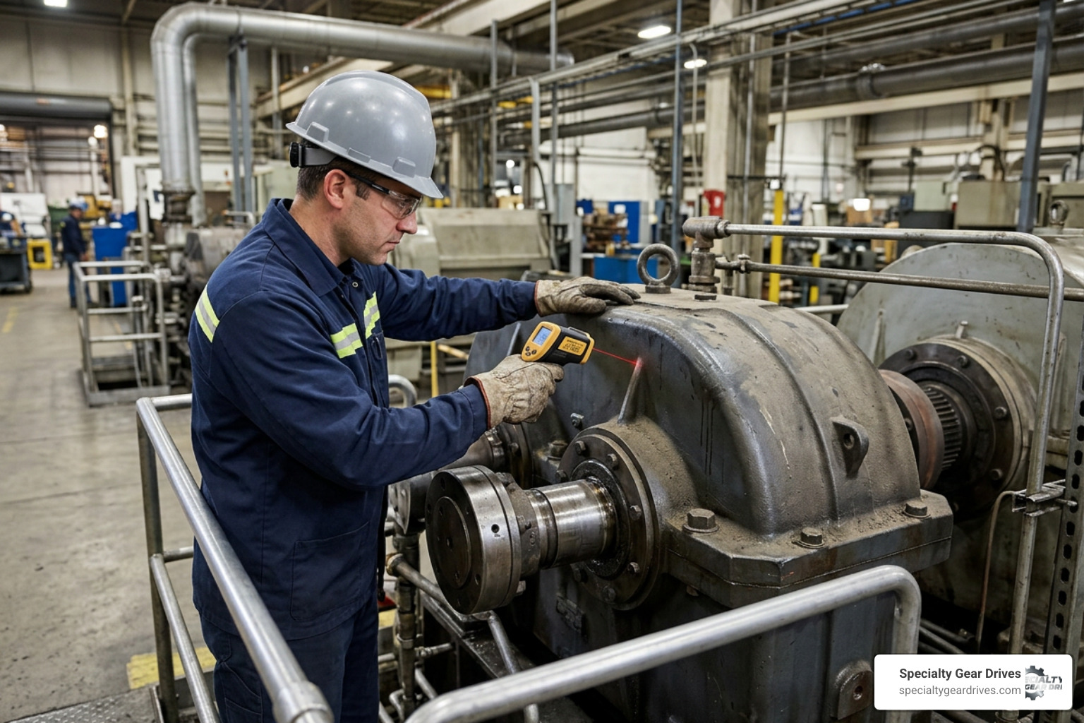 technician checking gearbox temperature with an infrared thermometer technician checking gearbox temperature with an infrared thermometer