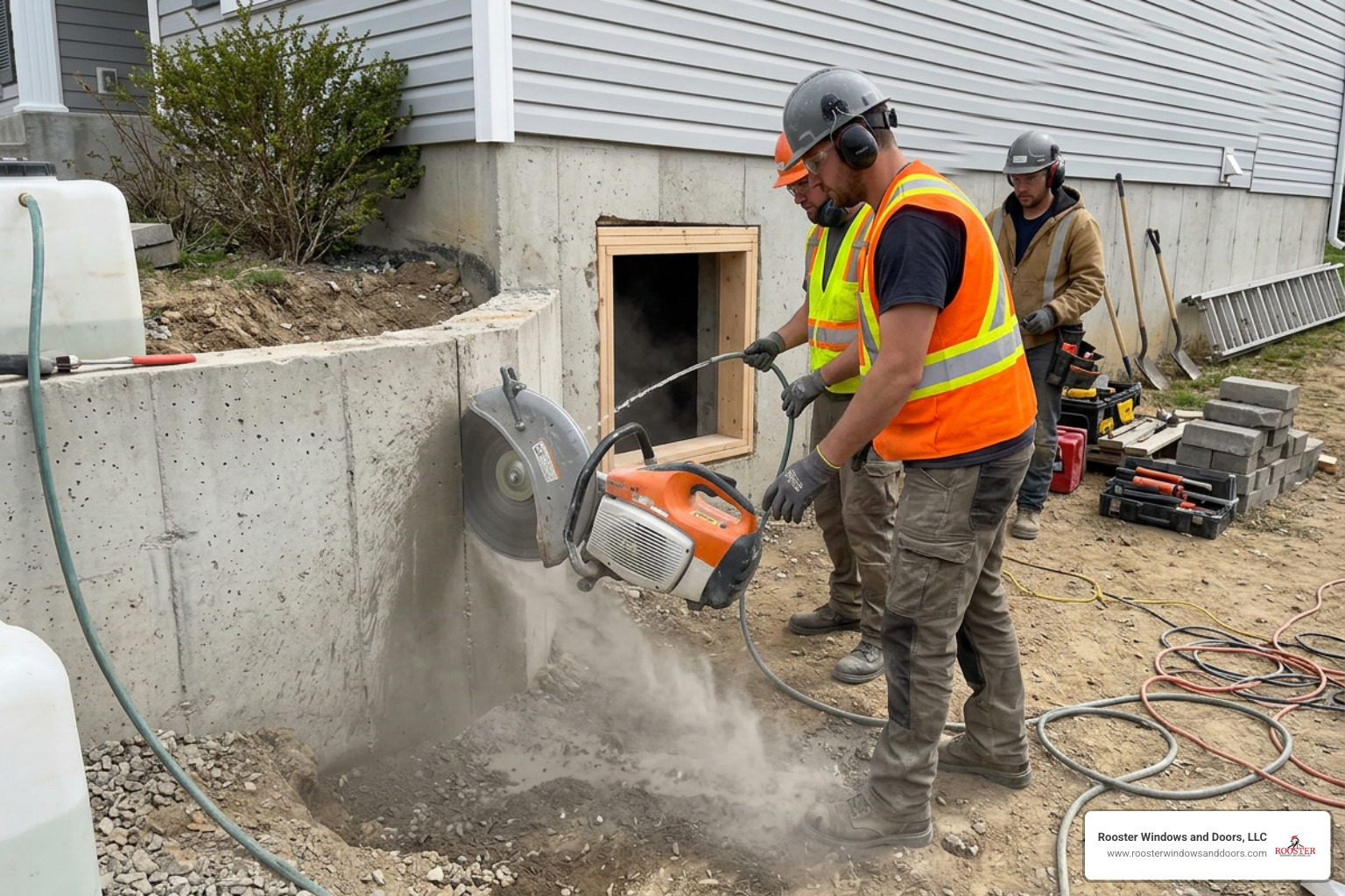 Professional crew cutting a concrete foundation wall for egress window Professional crew cutting a concrete foundation wall for egress window