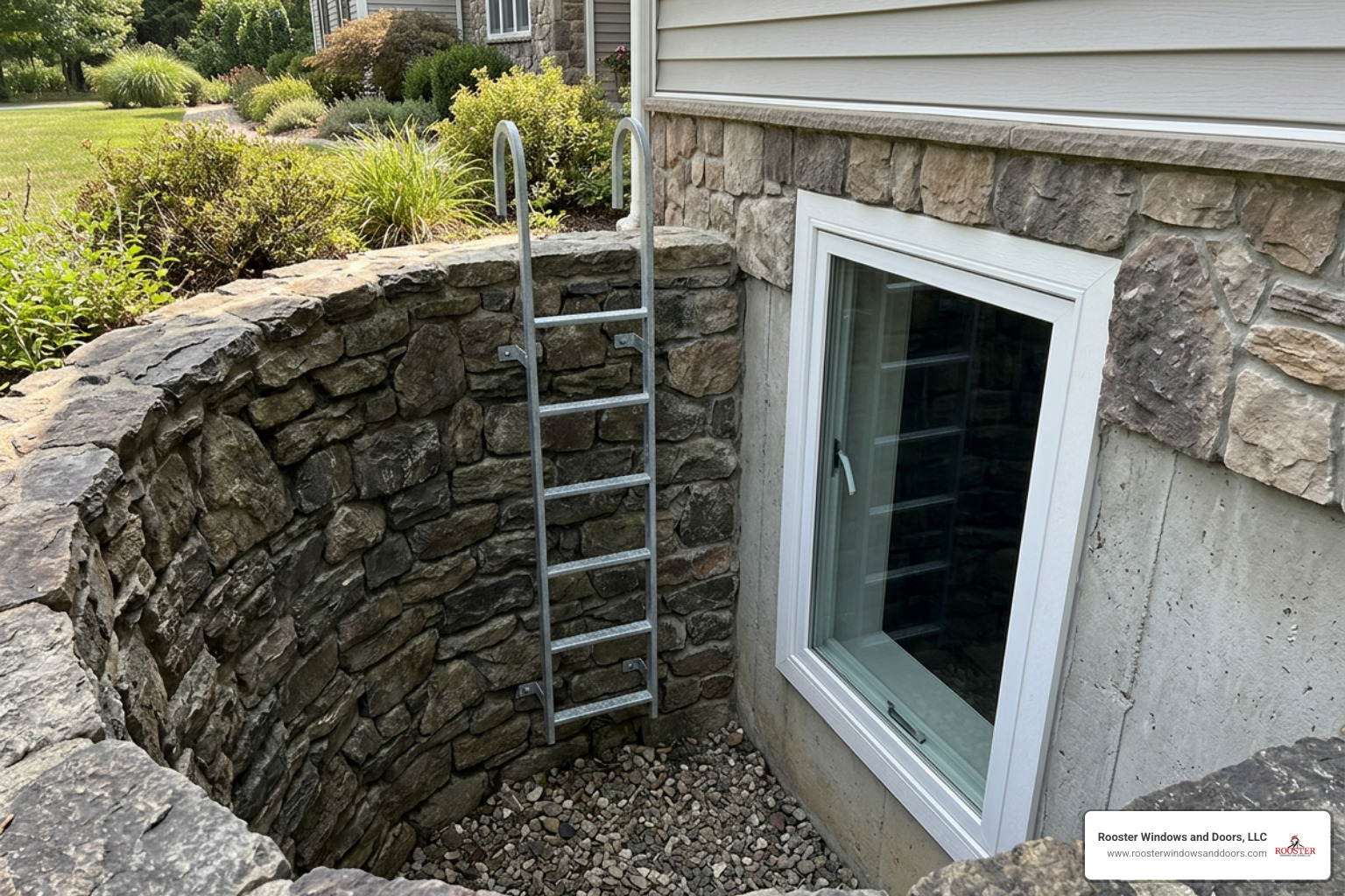 High-quality casement egress window with a stone-textured well High-quality casement egress window with a stone-textured well
