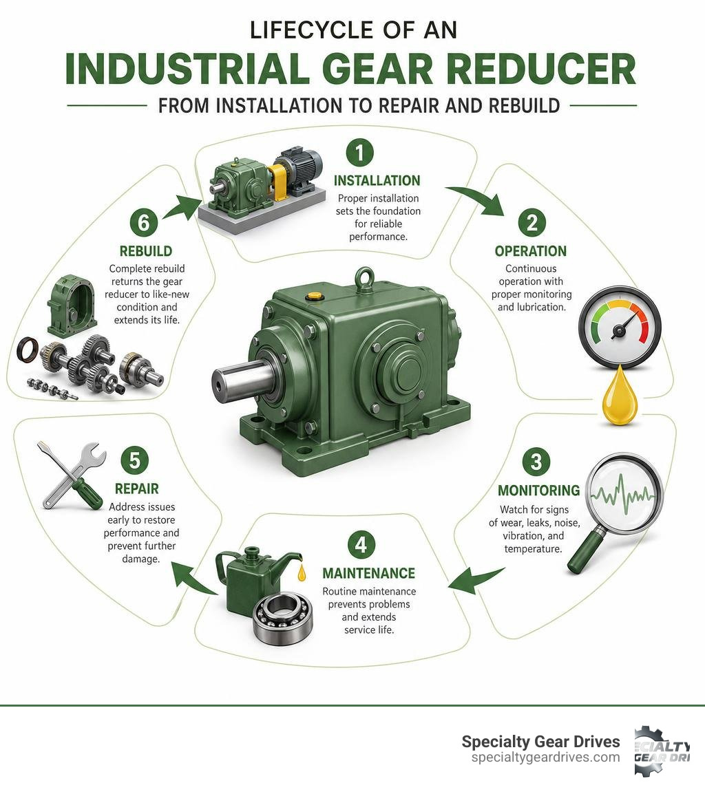 Lifecycle of an industrial gear reducer from installation to repair and rebuild infographic Lifecycle of an industrial gear reducer from installation to repair and rebuild infographic