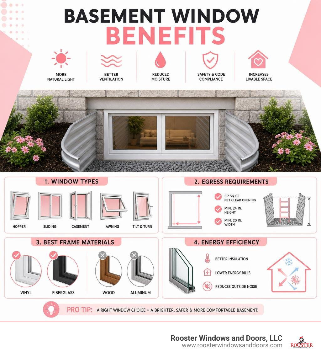 Basement window benefits infographic showing types, egress requirements, materials, and energy efficiency infographic Basement window benefits infographic showing types, egress requirements, materials, and energy efficiency infographic