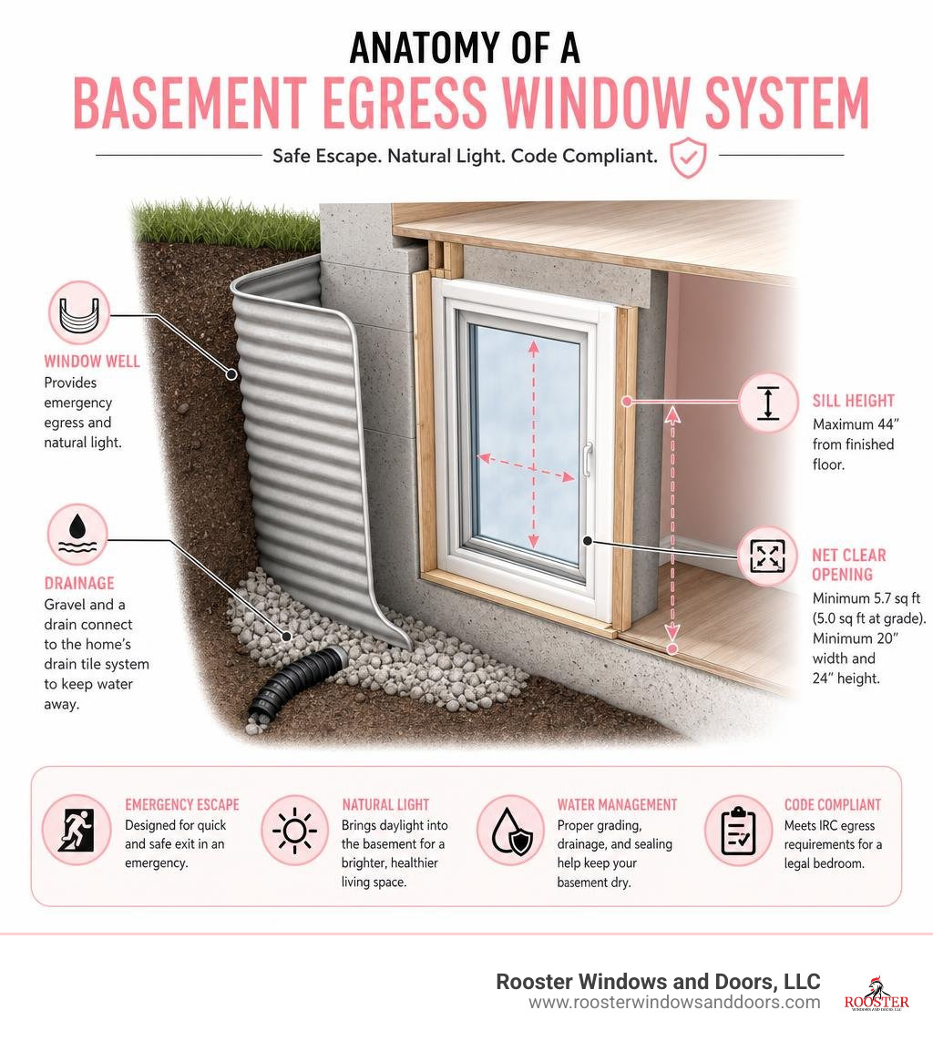 Anatomy of a basement egress window system including well, drainage, sill height, and net clear opening infographic Anatomy of a basement egress window system including well, drainage, sill height, and net clear opening infographic
