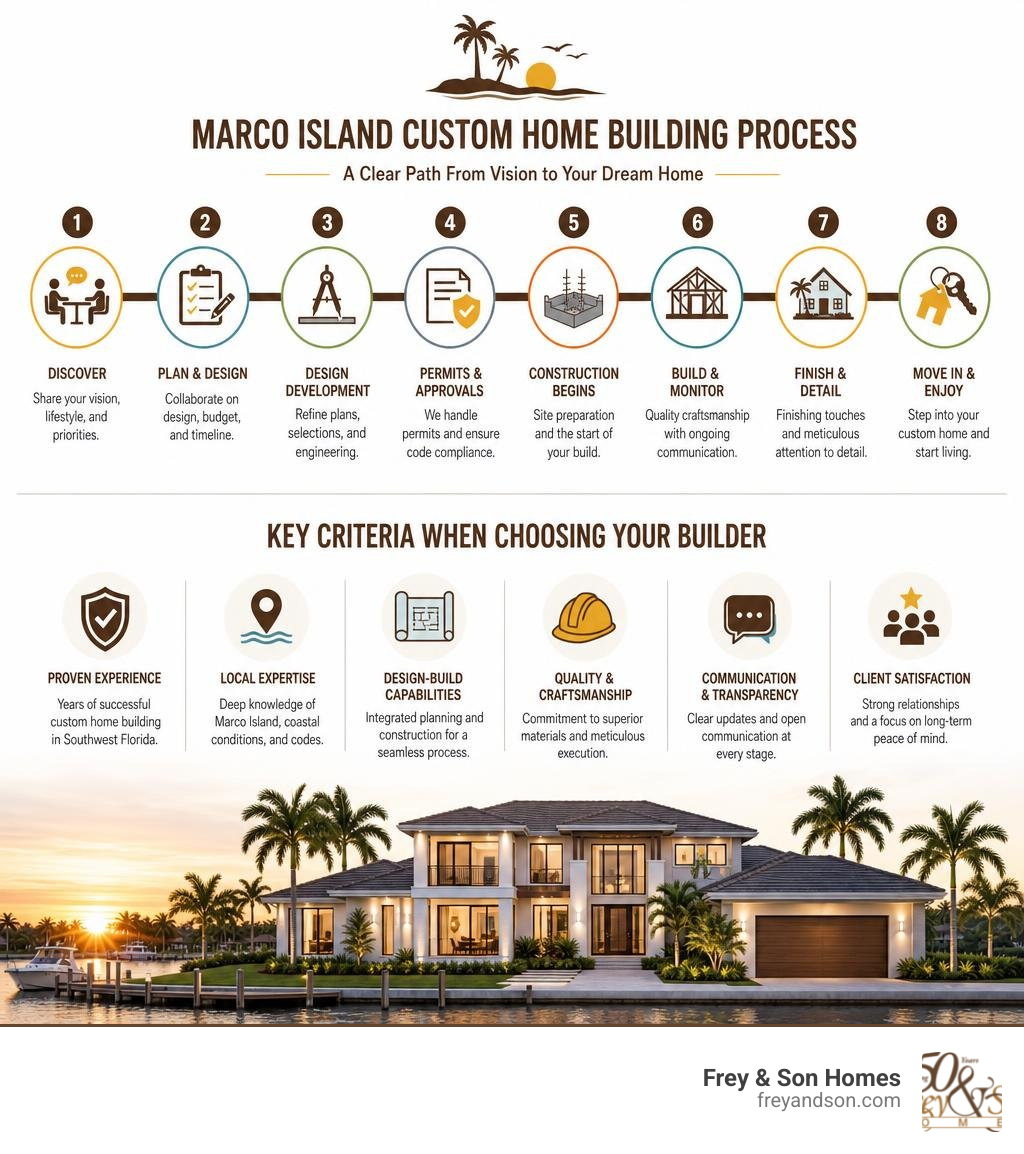 Marco Island custom home building process timeline and key builder selection criteria infographic Marco Island custom home building process timeline and key builder selection criteria infographic