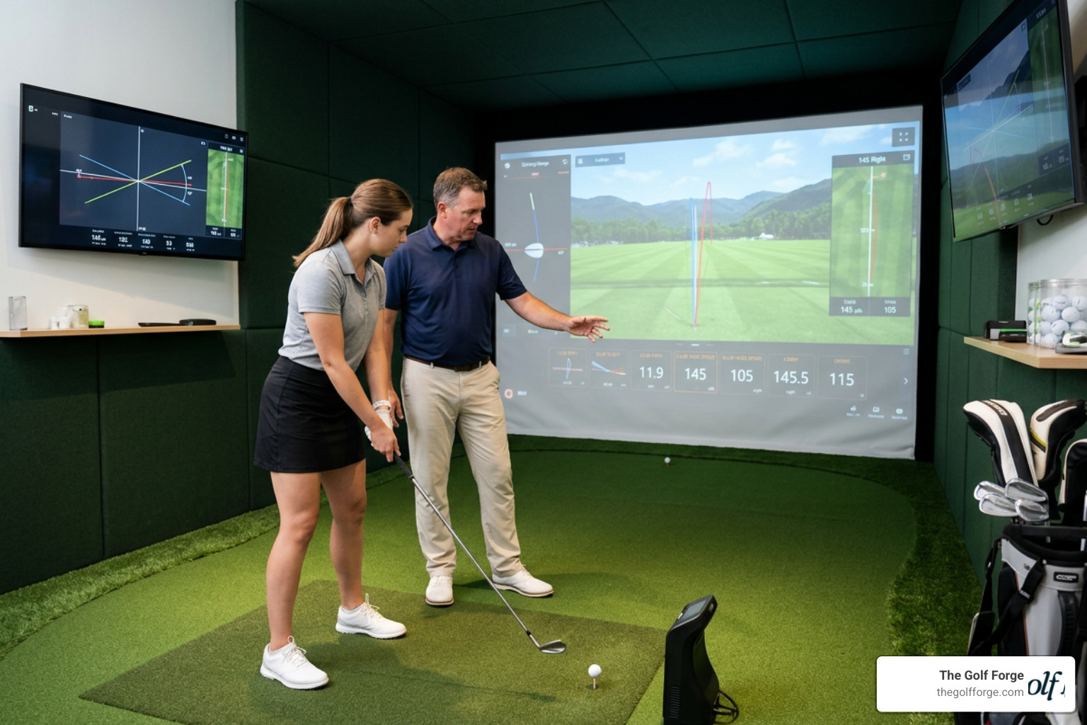 Golf coach analyzing a student's swing in a private simulator bay Golf coach analyzing a student's swing in a private simulator bay
