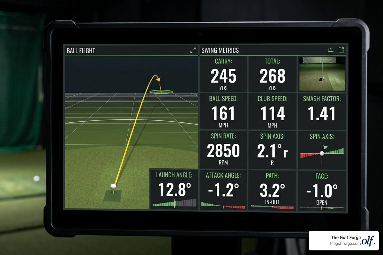 Launch monitor data screen displaying ball flight and swing metrics Launch monitor data screen displaying ball flight and swing metrics
