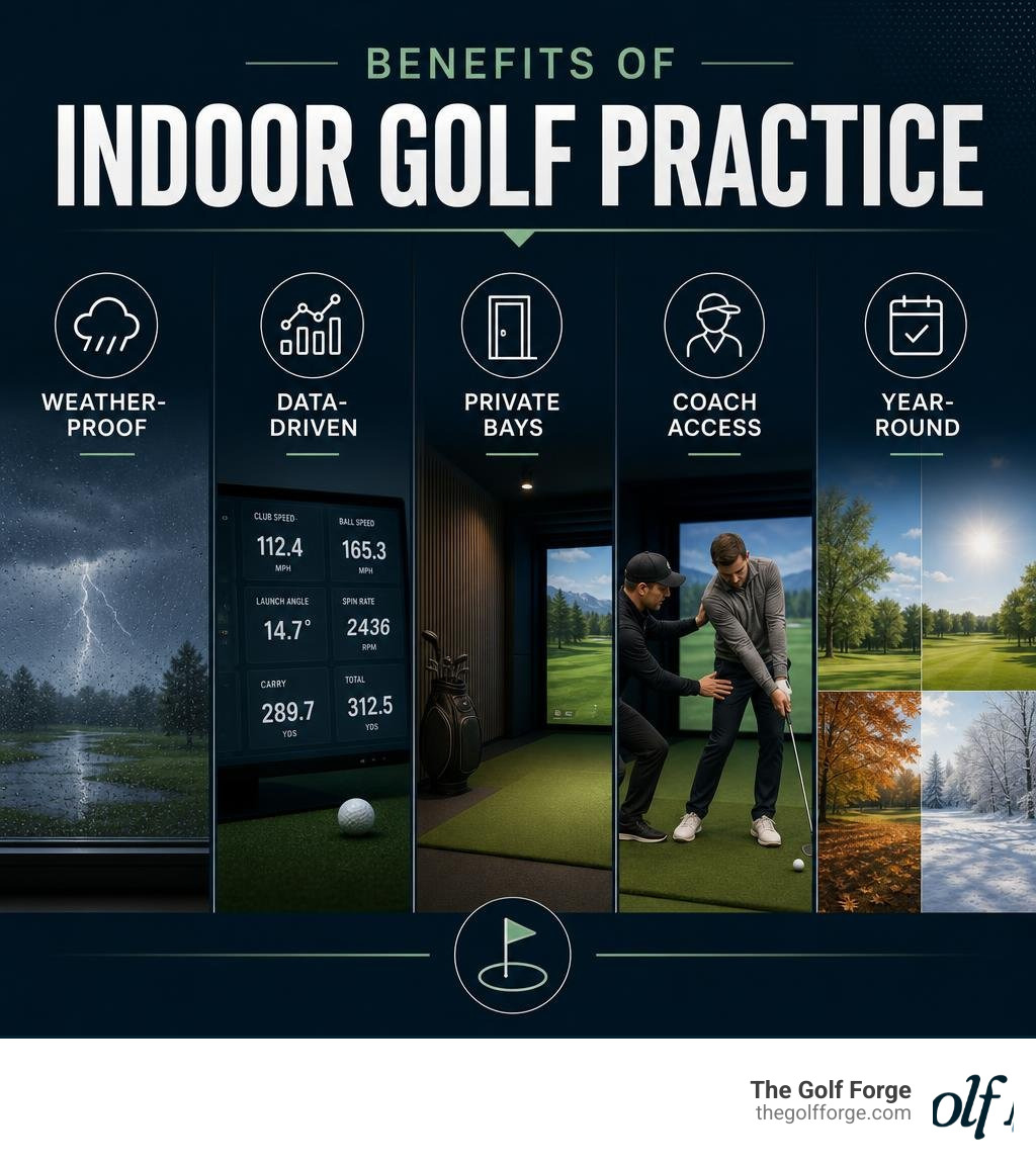 Benefits of indoor golf practice: weather-proof, data-driven, private bays, coach access, year-round infographic Benefits of indoor golf practice: weather-proof, data-driven, private bays, coach access, year-round infographic