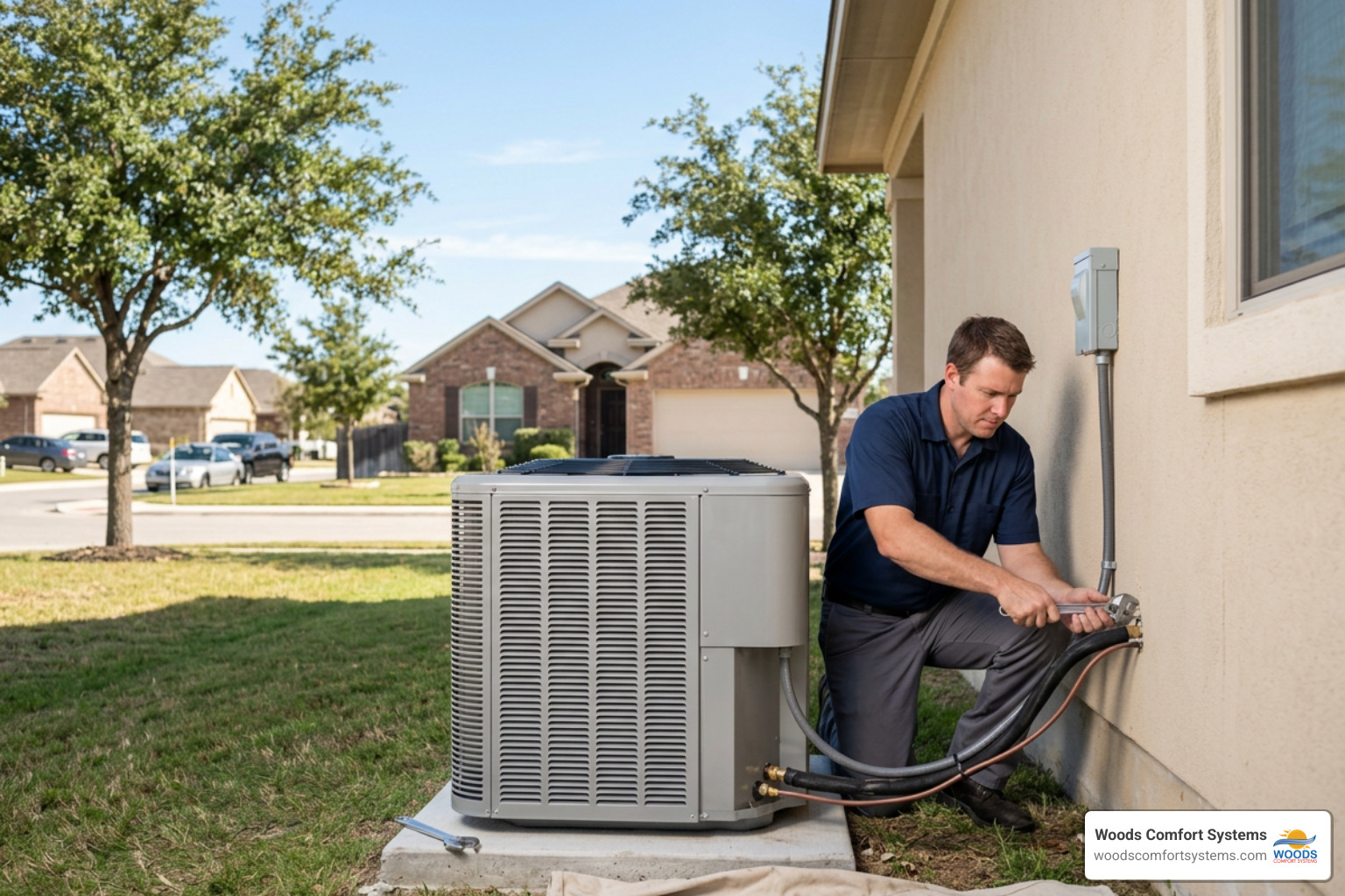 Technician installing a new energy-efficient AC unit in a San Marcos home