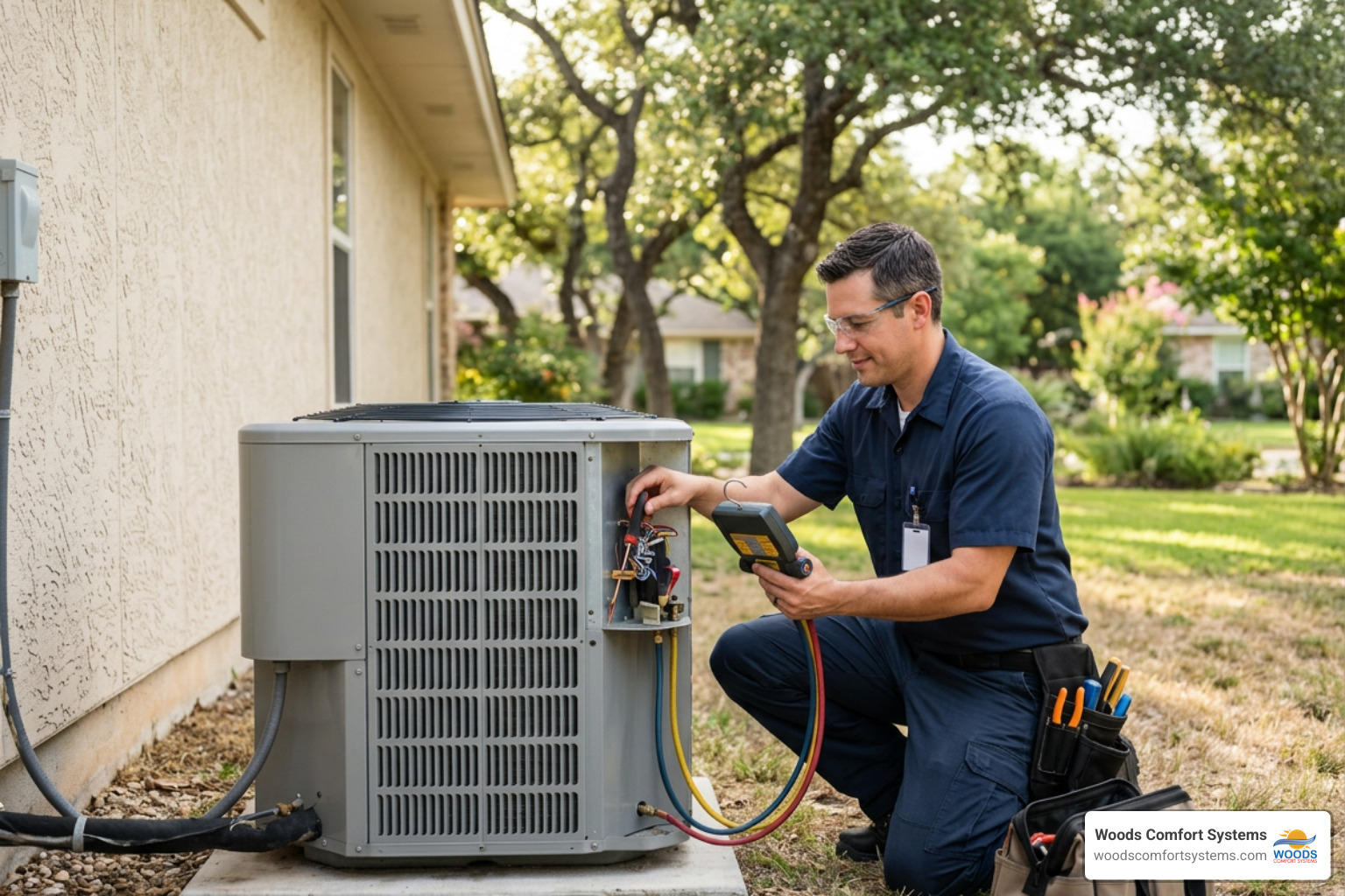 Certified technician inspecting an outdoor AC unit in San Marcos TX