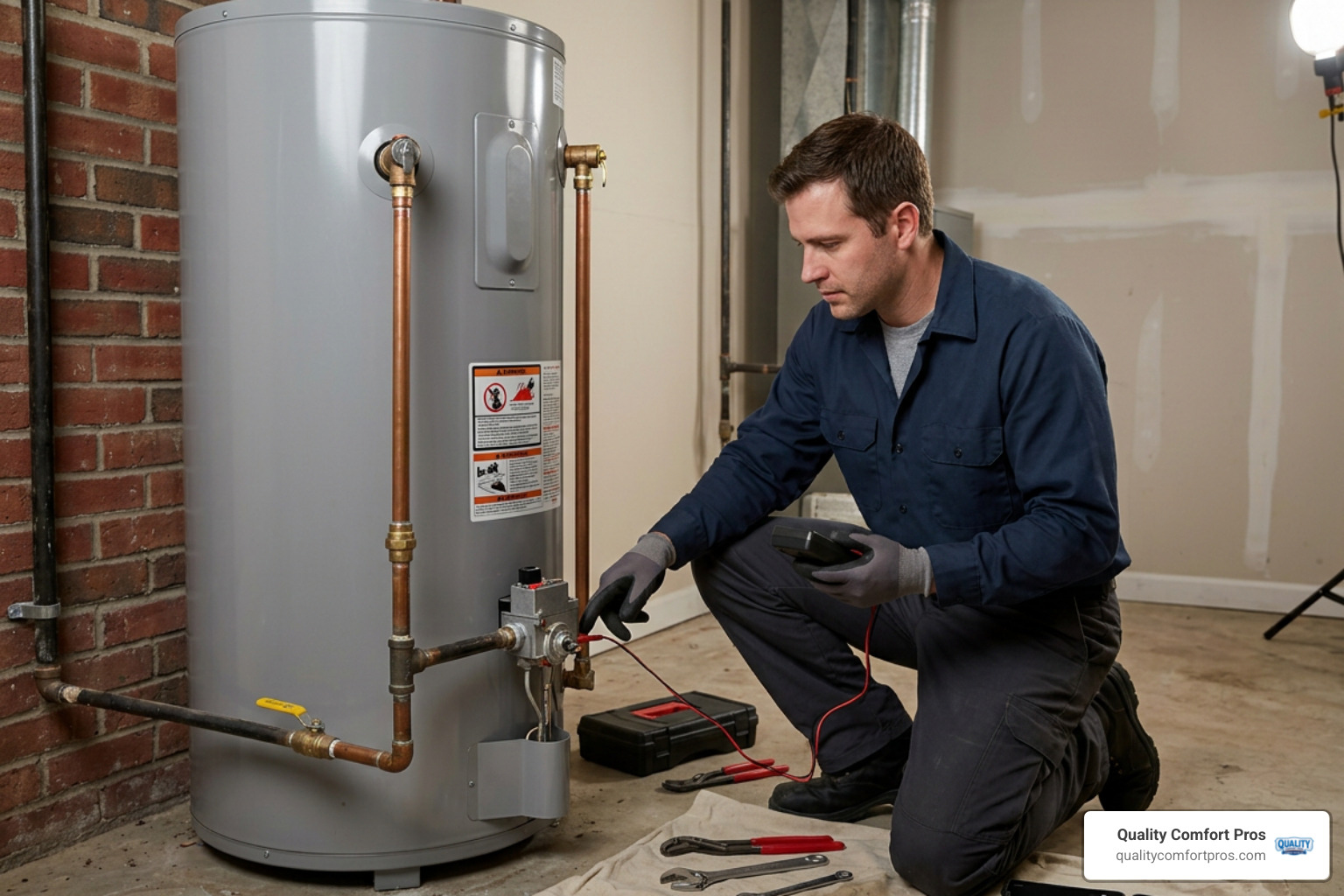 technician inspecting a tank water heater system technician inspecting a tank water heater system
