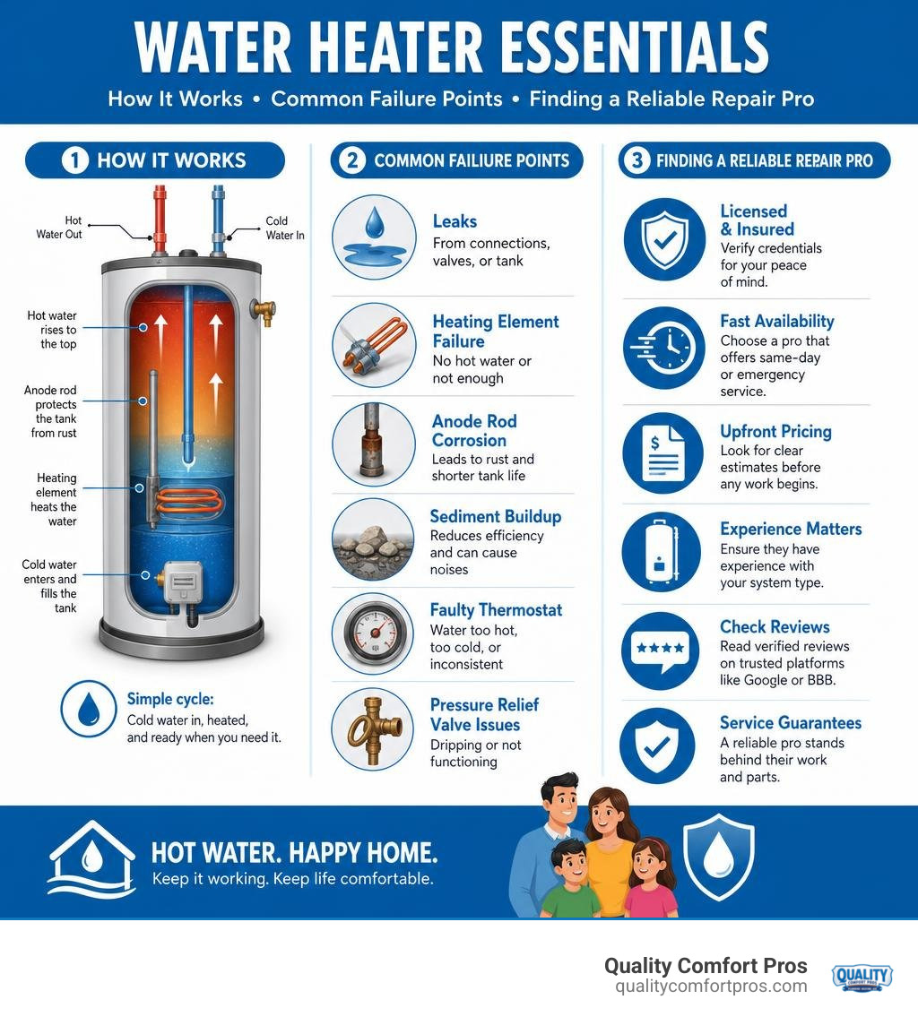 Infographic showing how a water heater works, common failure points, and how to find a reliable repair pro infographic Infographic showing how a water heater works, common failure points, and how to find a reliable repair pro infographic