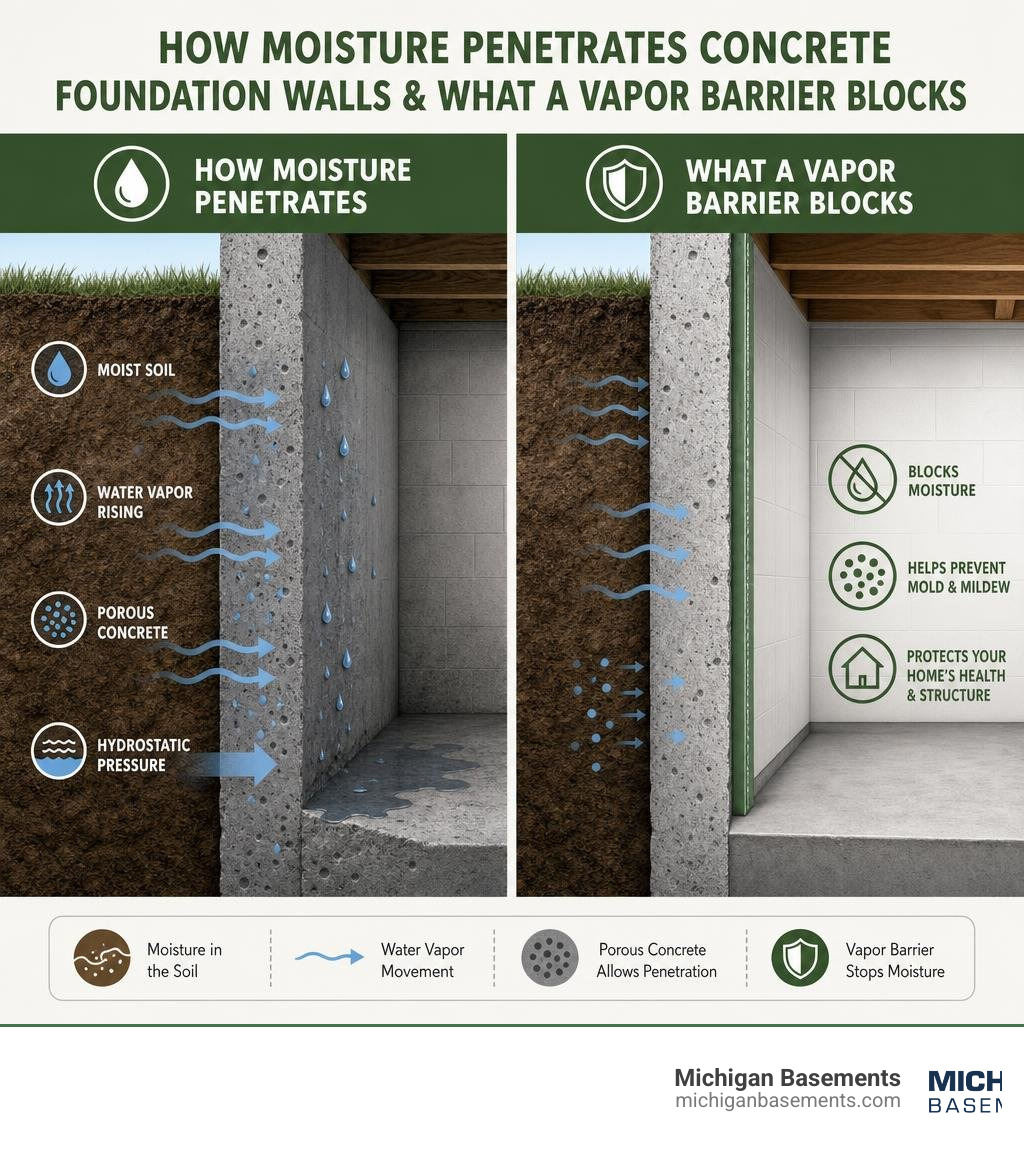 How moisture penetrates concrete foundation walls and what a vapor barrier blocks infographic