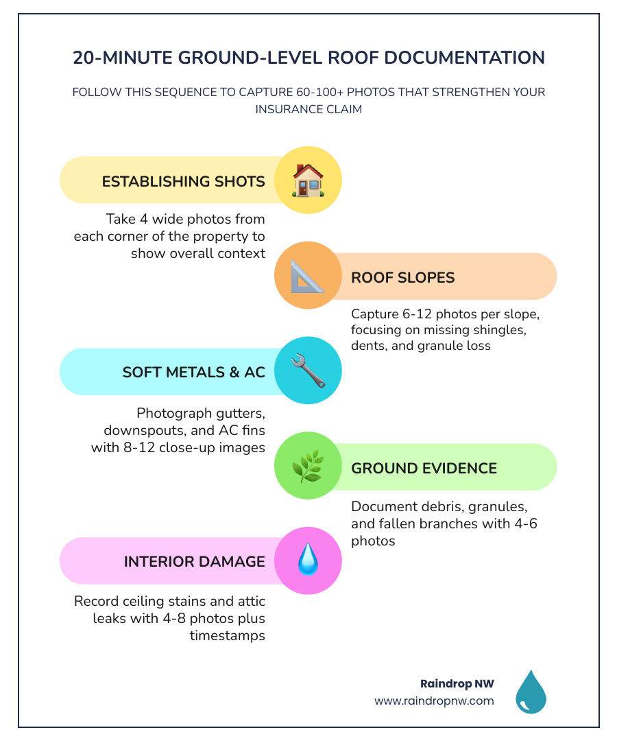 step-by-step infographic of the 20-minute ground-level roof damage documentation sequence for insurance claims infographic step-by-step infographic of the 20-minute ground-level roof damage documentation sequence for insurance claims infographic