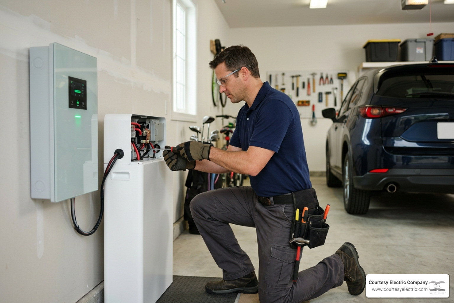 A professional electrician installing a home battery storage system next to a smart electrical panel A professional electrician installing a home battery storage system next to a smart electrical panel