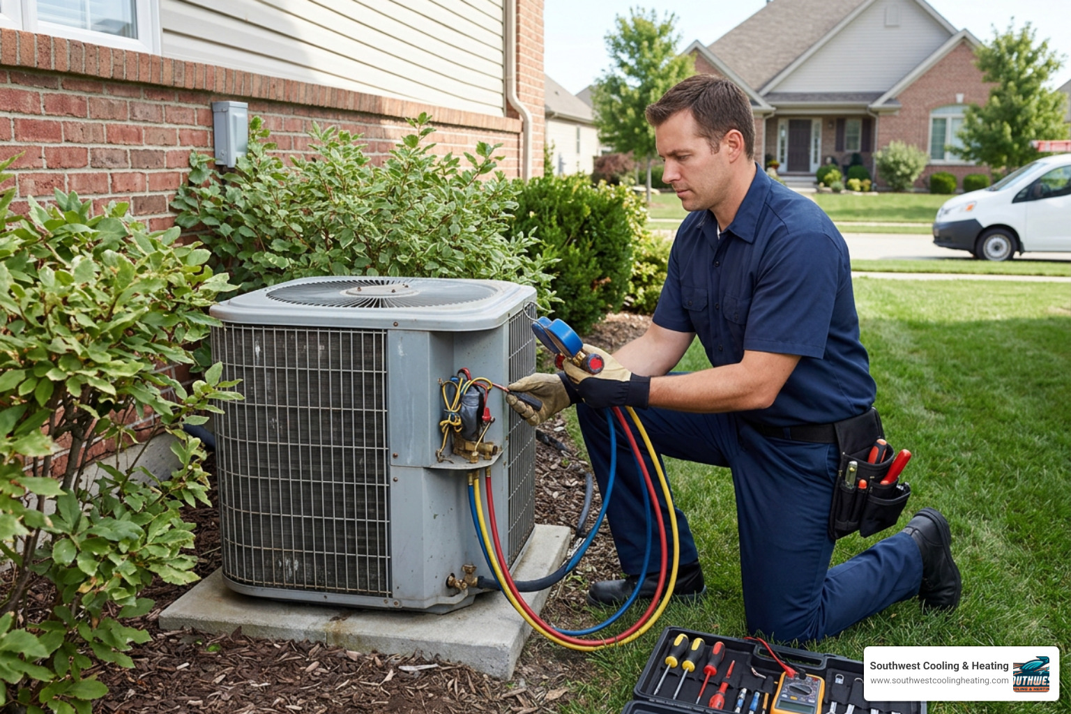 HVAC technician inspecting an outdoor AC unit during a scheduled maintenance check HVAC technician inspecting an outdoor AC unit during a scheduled maintenance check