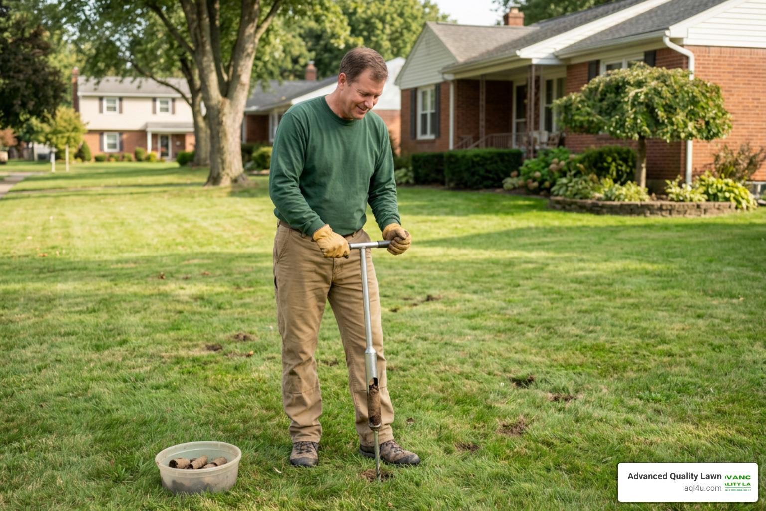 Homeowner using a soil probe in a zigzag pattern on an Akron lawn