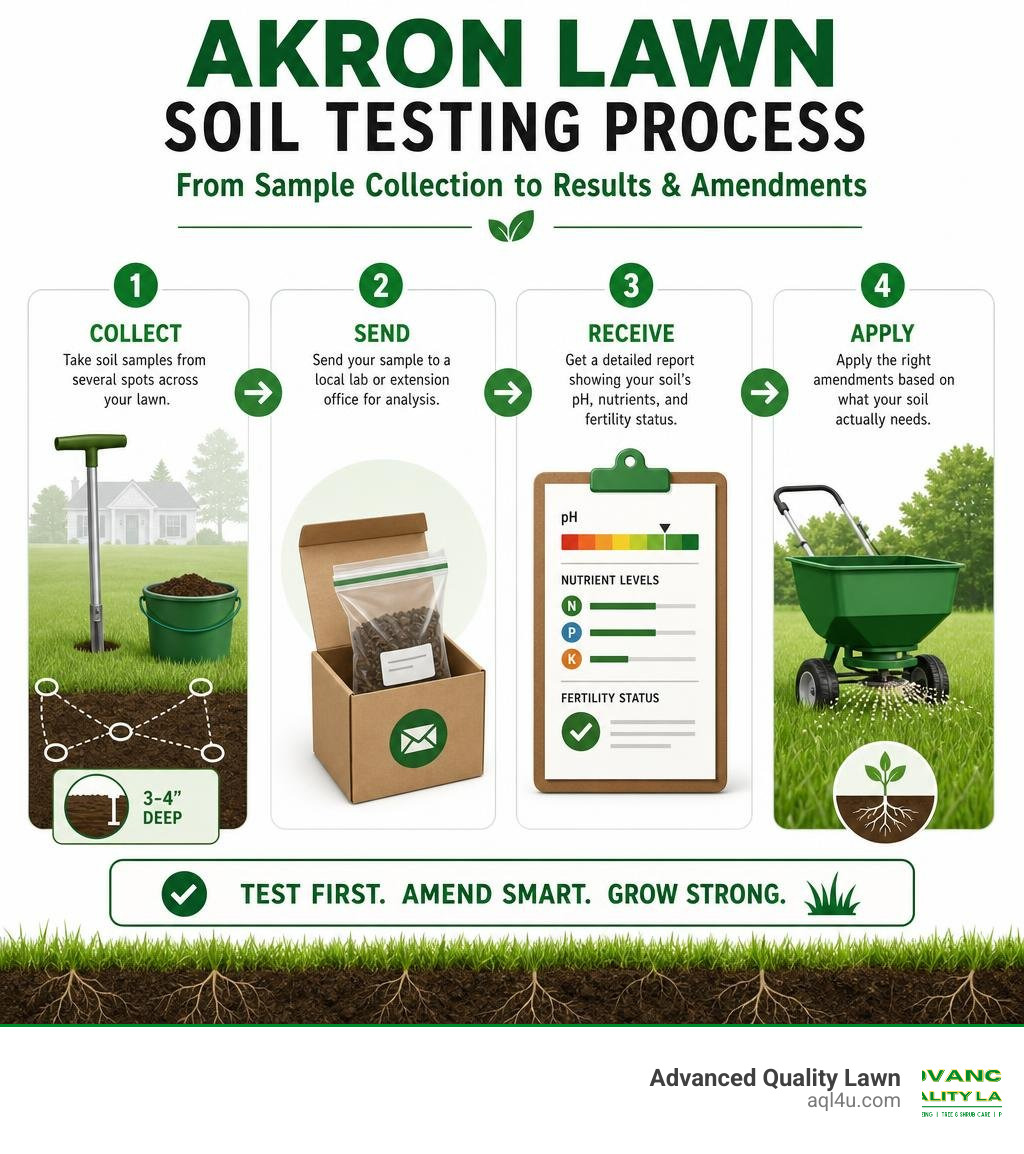 Infographic showing the Akron lawn soil testing process from sample collection to results and amendments infographic