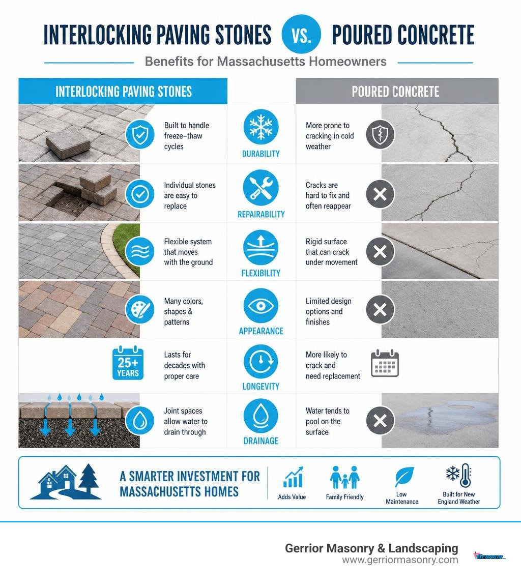 Benefits of interlocking paving stones vs poured concrete for Massachusetts homeowners infographic