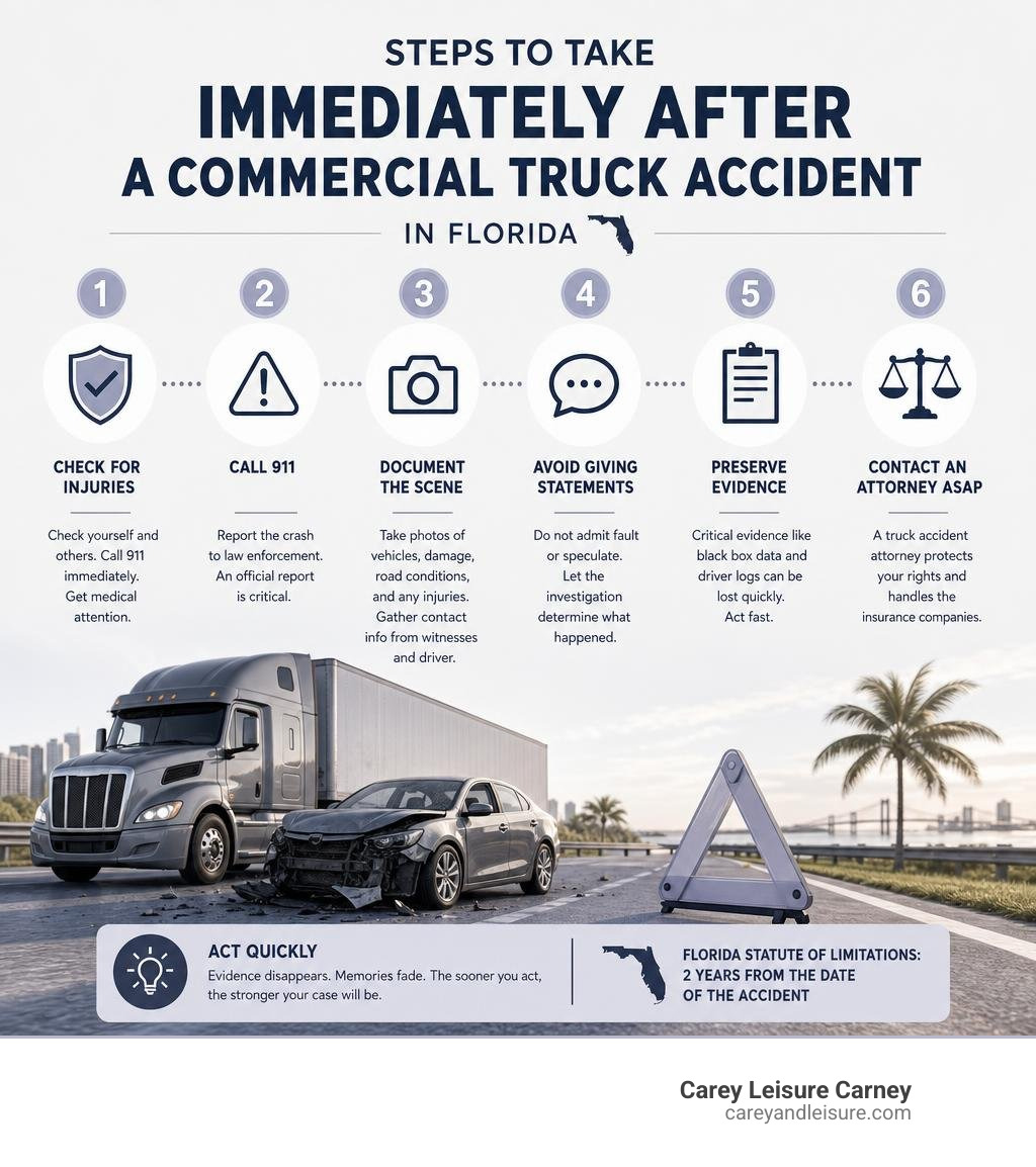 Steps to take immediately after a commercial truck accident in Florida infographic