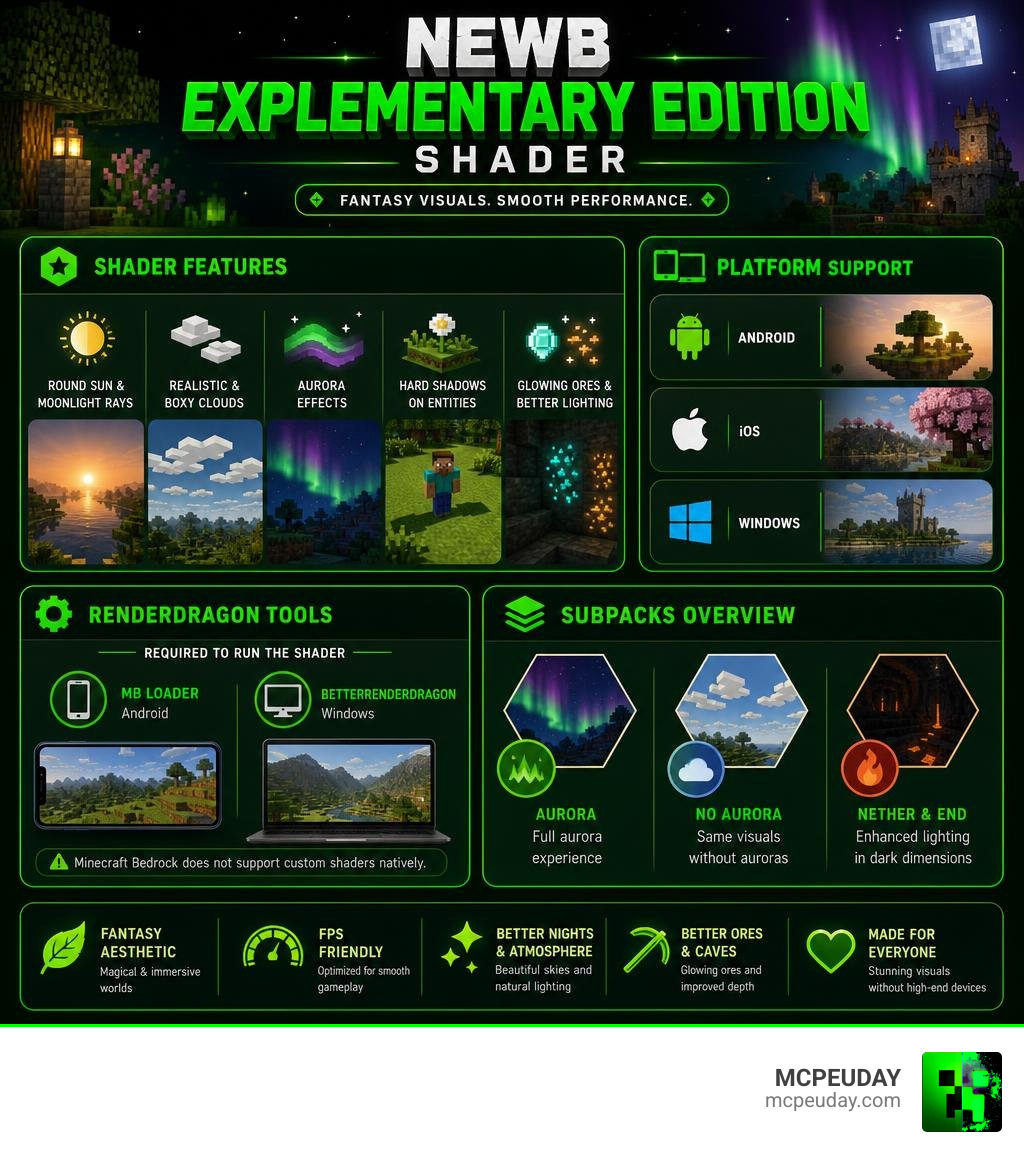 Newb Explementary Edition Shader features, platform support, RenderDragon tools, and subpacks overview infographic Newb Explementary Edition Shader features, platform support, RenderDragon tools, and subpacks overview infographic