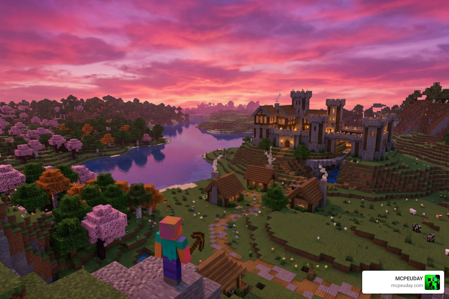 A stunning pink twilight sky over a Minecraft landscape using Newb x Flamingo A stunning pink twilight sky over a Minecraft landscape using Newb x Flamingo