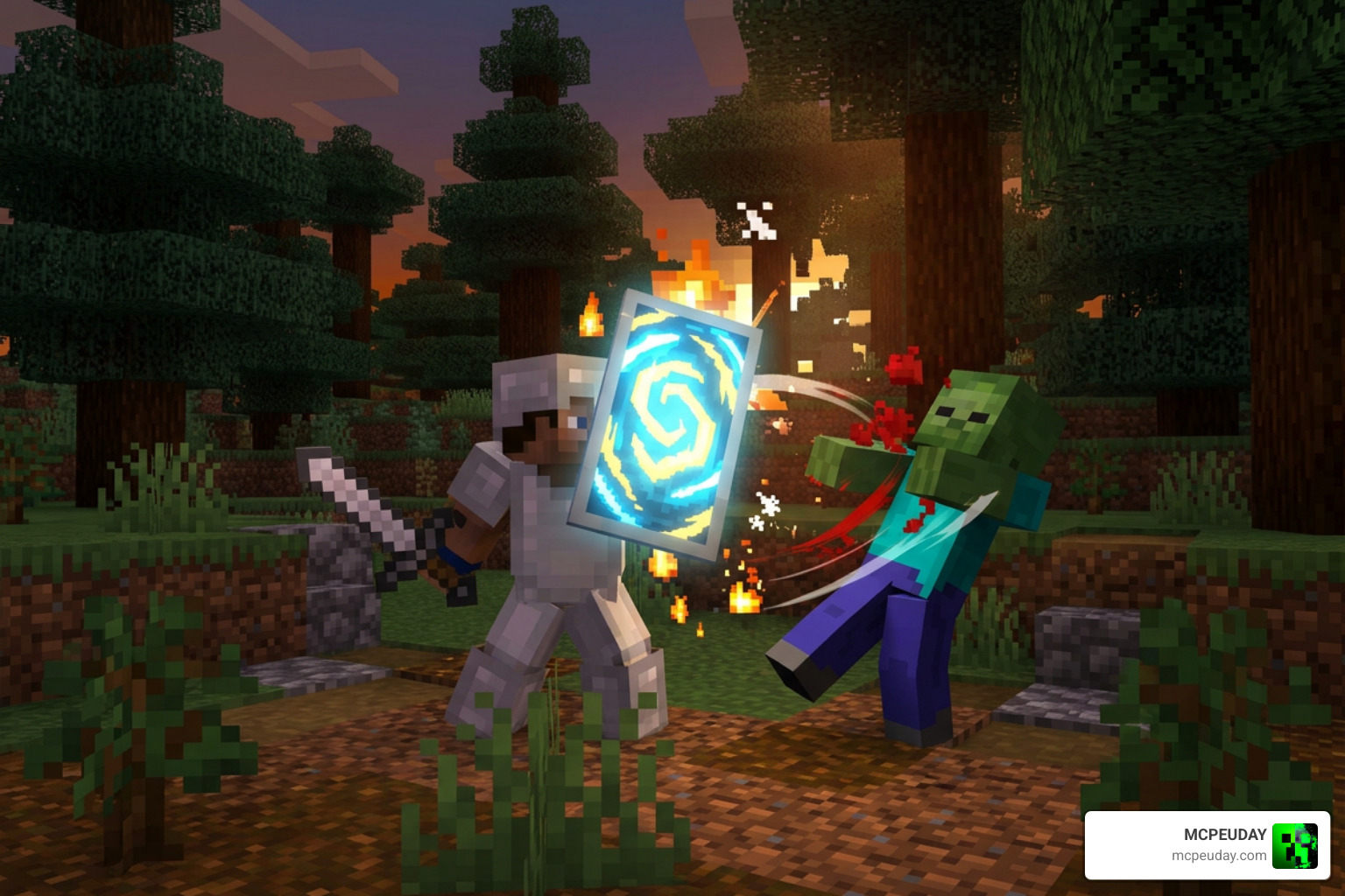 Custom shields in action in Minecraft Bedrock Edition combat overhaul Custom shields in action in Minecraft Bedrock Edition combat overhaul