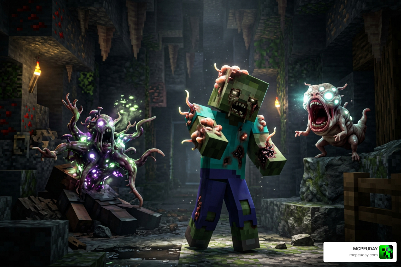 Grotesque infected Minecraft mobs including Infected Human, Corruptor, and Snitcher Grotesque infected Minecraft mobs including Infected Human, Corruptor, and Snitcher