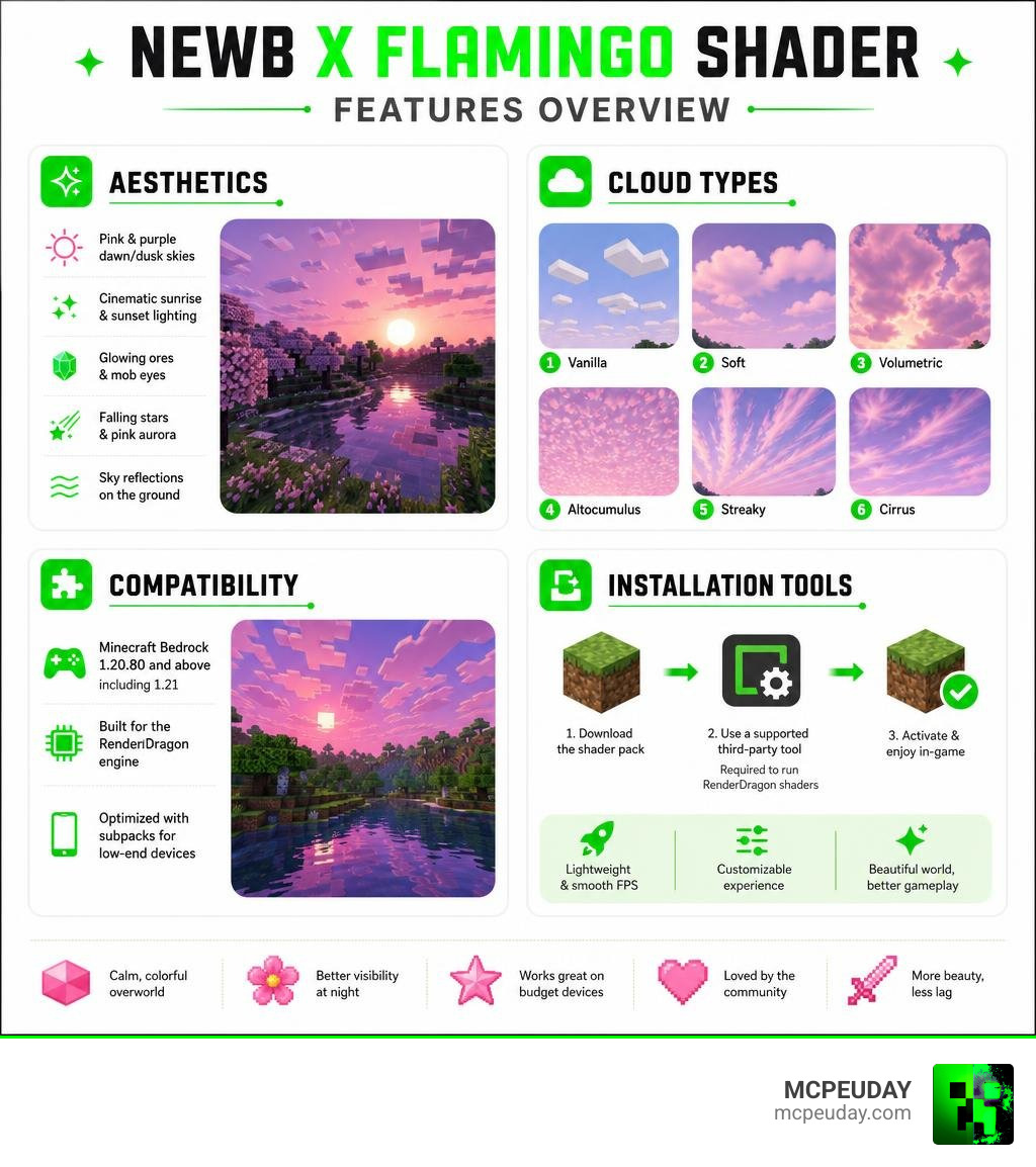 Newb x Flamingo Shader features overview: aesthetics, cloud types, compatibility, and installation tools infographic Newb x Flamingo Shader features overview: aesthetics, cloud types, compatibility, and installation tools infographic