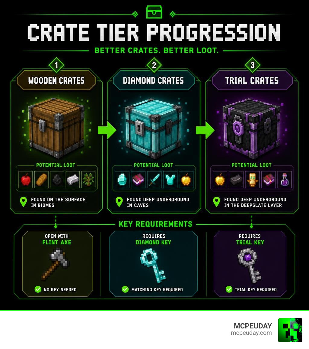 Crate tier progression from Wooden to Diamond to Trial crates with loot and key requirements infographic