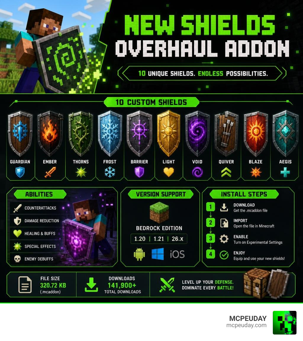 New Shields Overhaul Addon infographic showing 10 shields, abilities, version support, and install steps infographic New Shields Overhaul Addon infographic showing 10 shields, abilities, version support, and install steps infographic